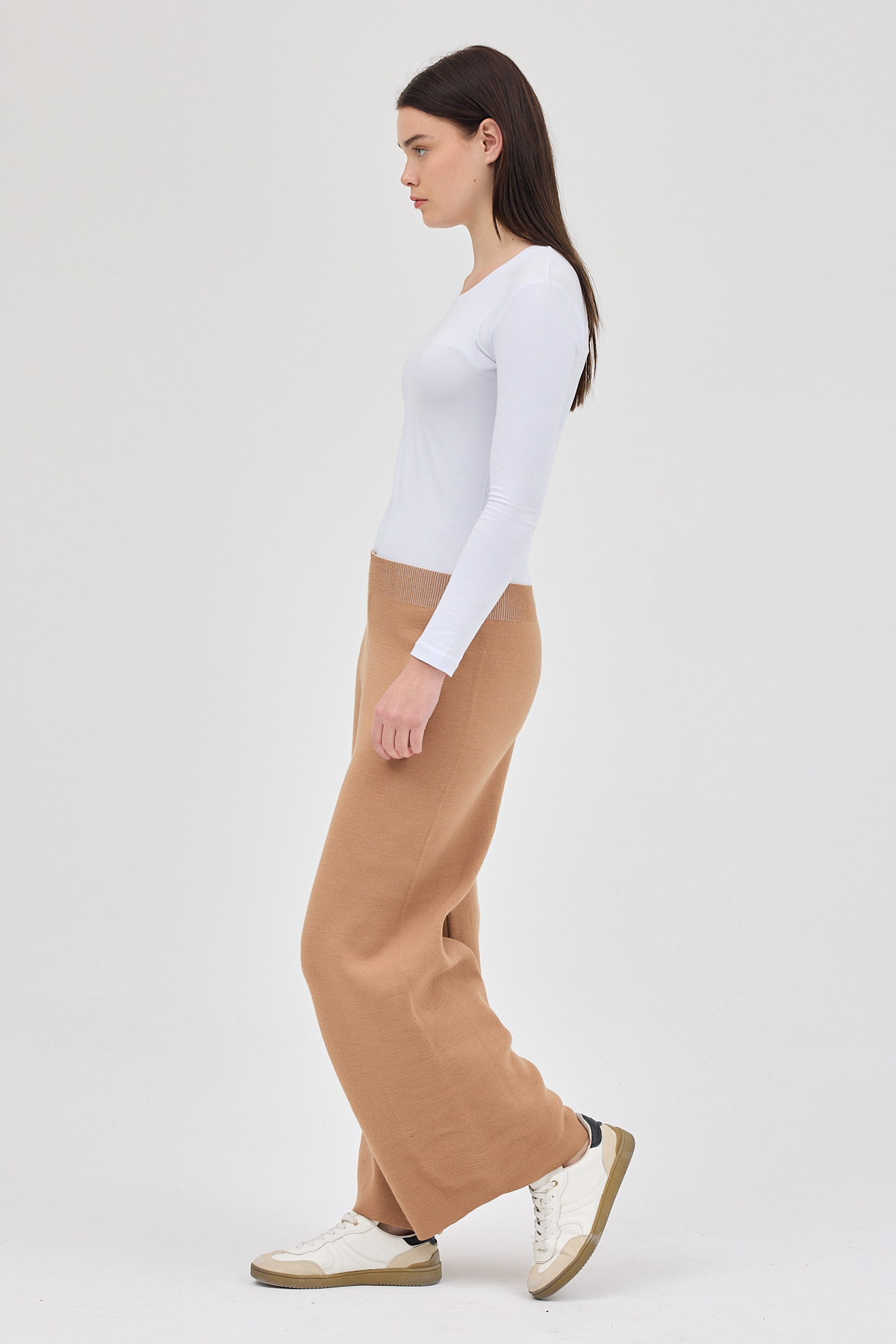 Koyu Bej Geniş Paça Triko Kadın Pantolon 23274 - RAYS