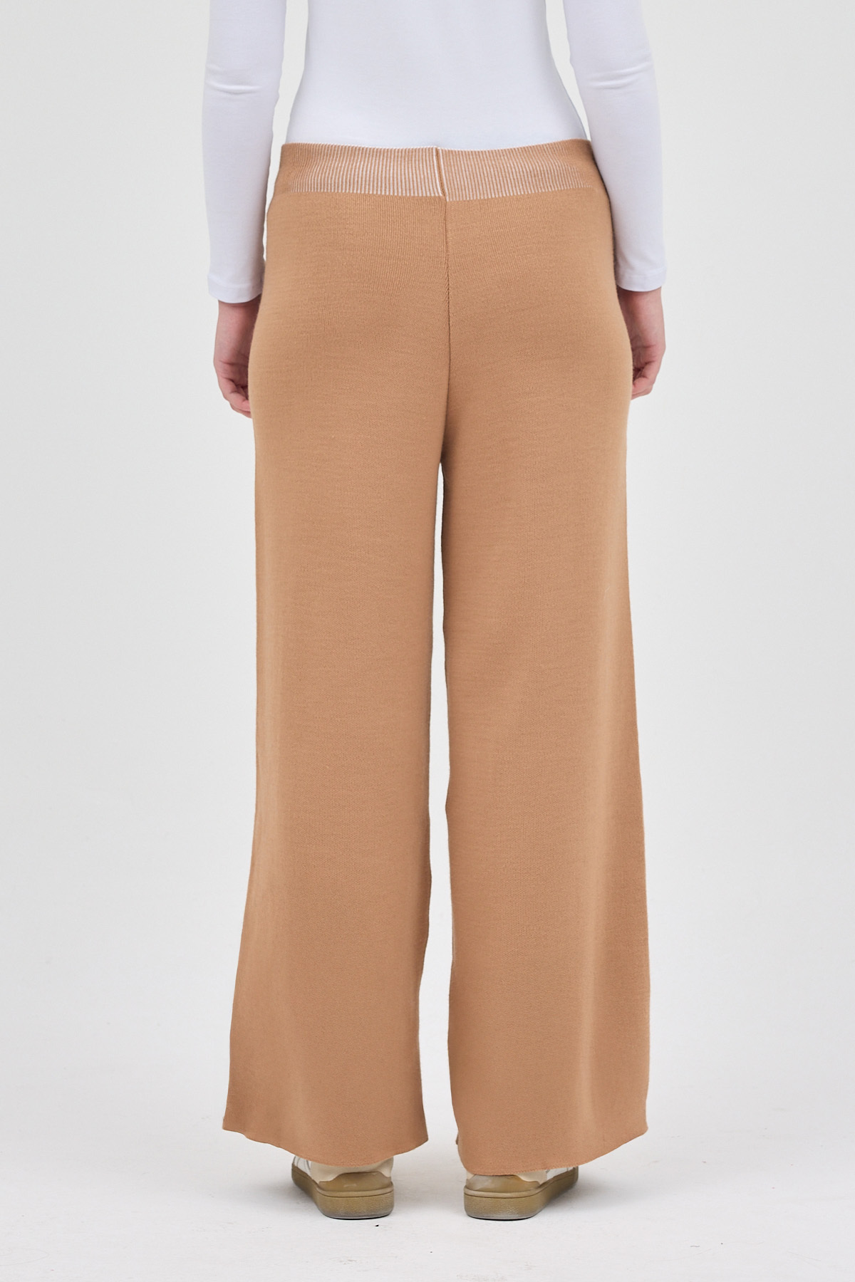 Koyu Bej Geniş Paça Triko Kadın Pantolon 23274 - 5
