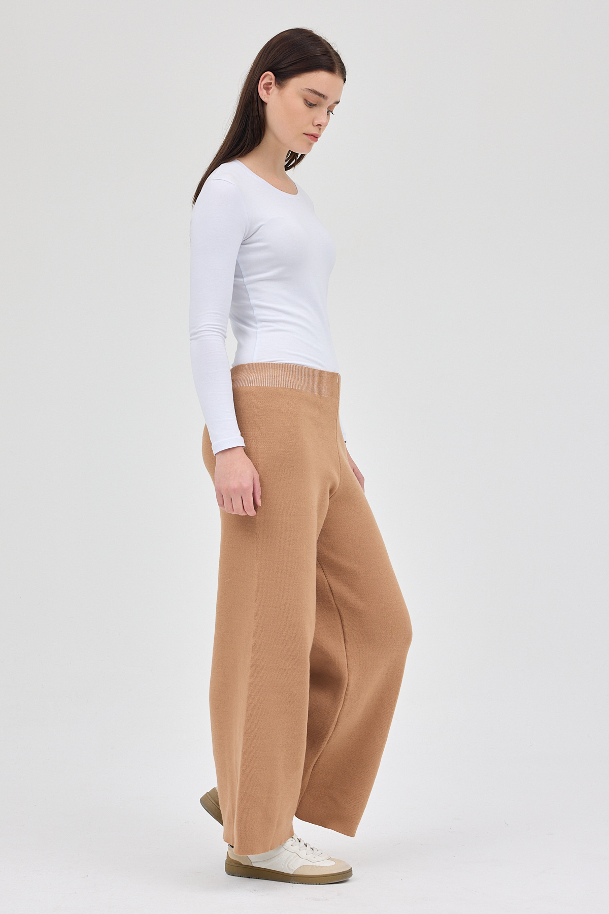 Koyu Bej Geniş Paça Triko Kadın Pantolon 23274 - 6