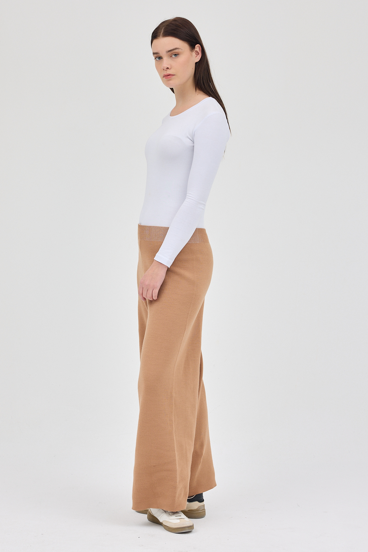 Koyu Bej Geniş Paça Triko Kadın Pantolon 23274 - 7
