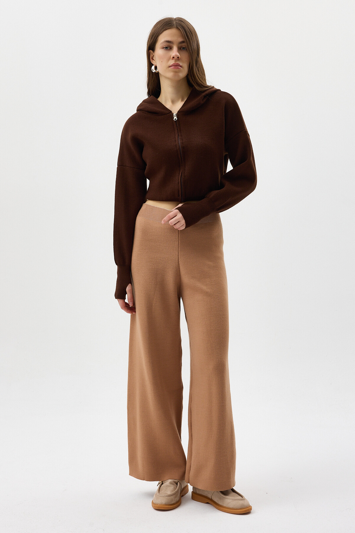 Koyu Bej Geniş Paça Triko Kadın Pantolon 23274 - 3