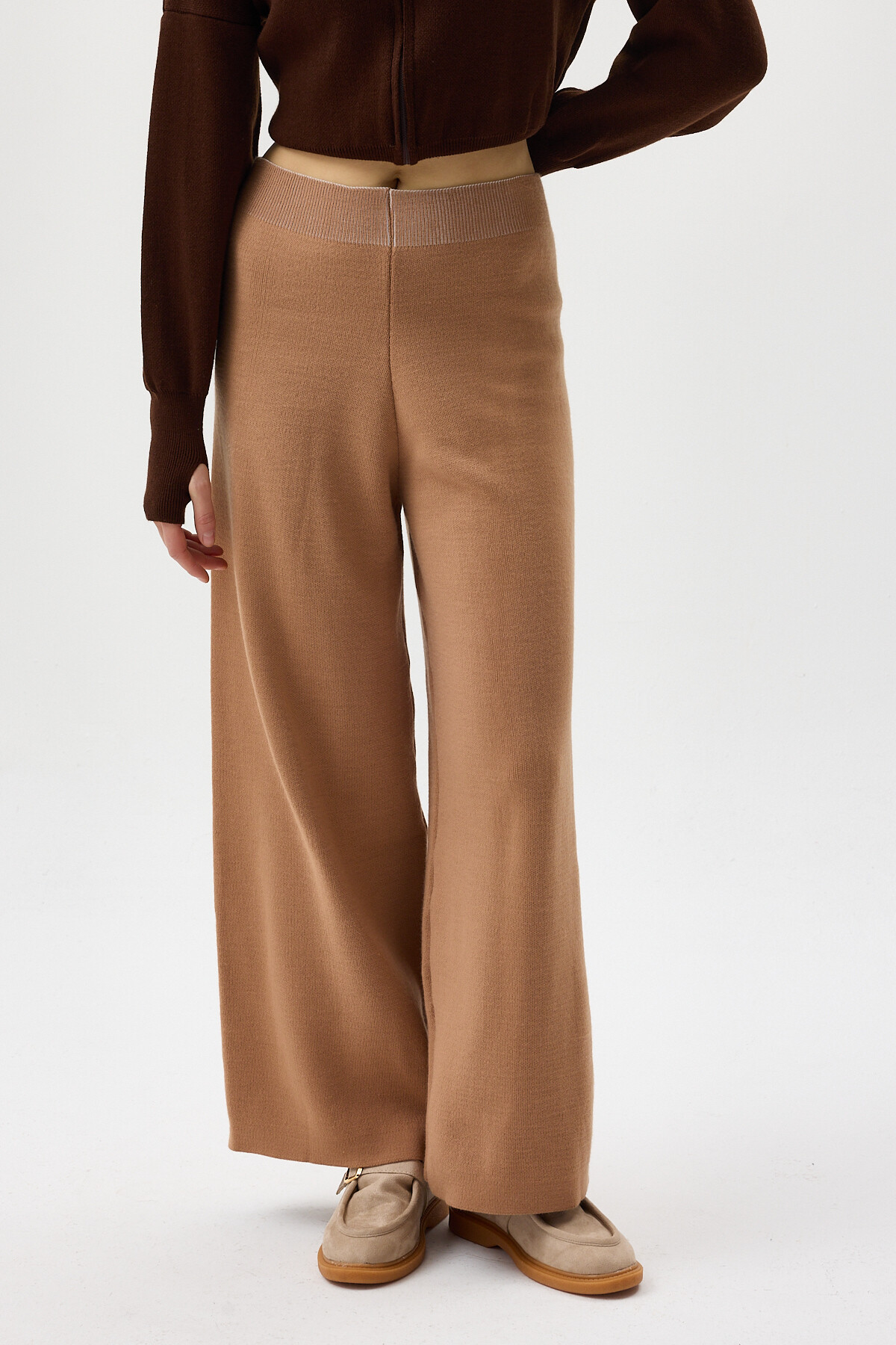 Koyu Bej Geniş Paça Triko Kadın Pantolon 23274 - RAYS