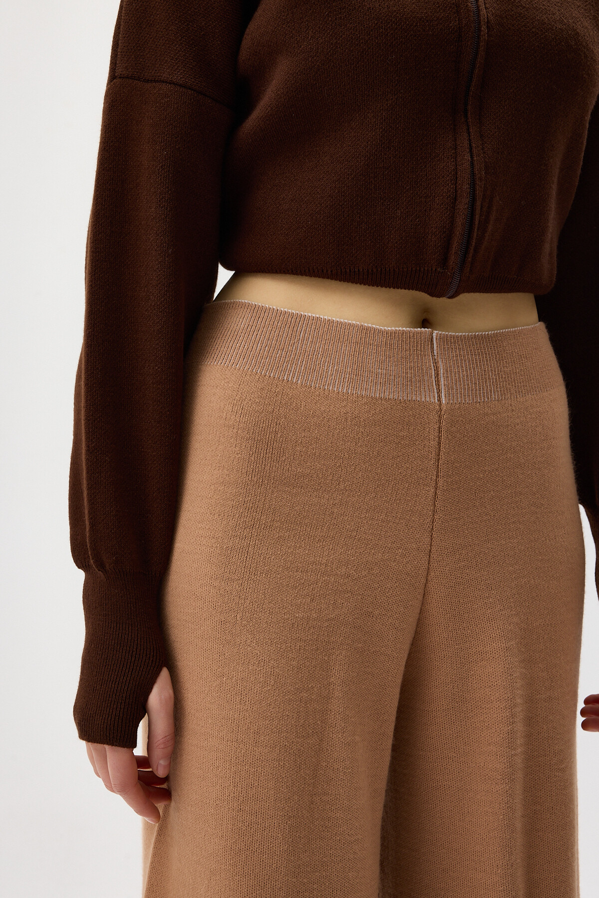 Koyu Bej Geniş Paça Triko Kadın Pantolon 23274 - 4