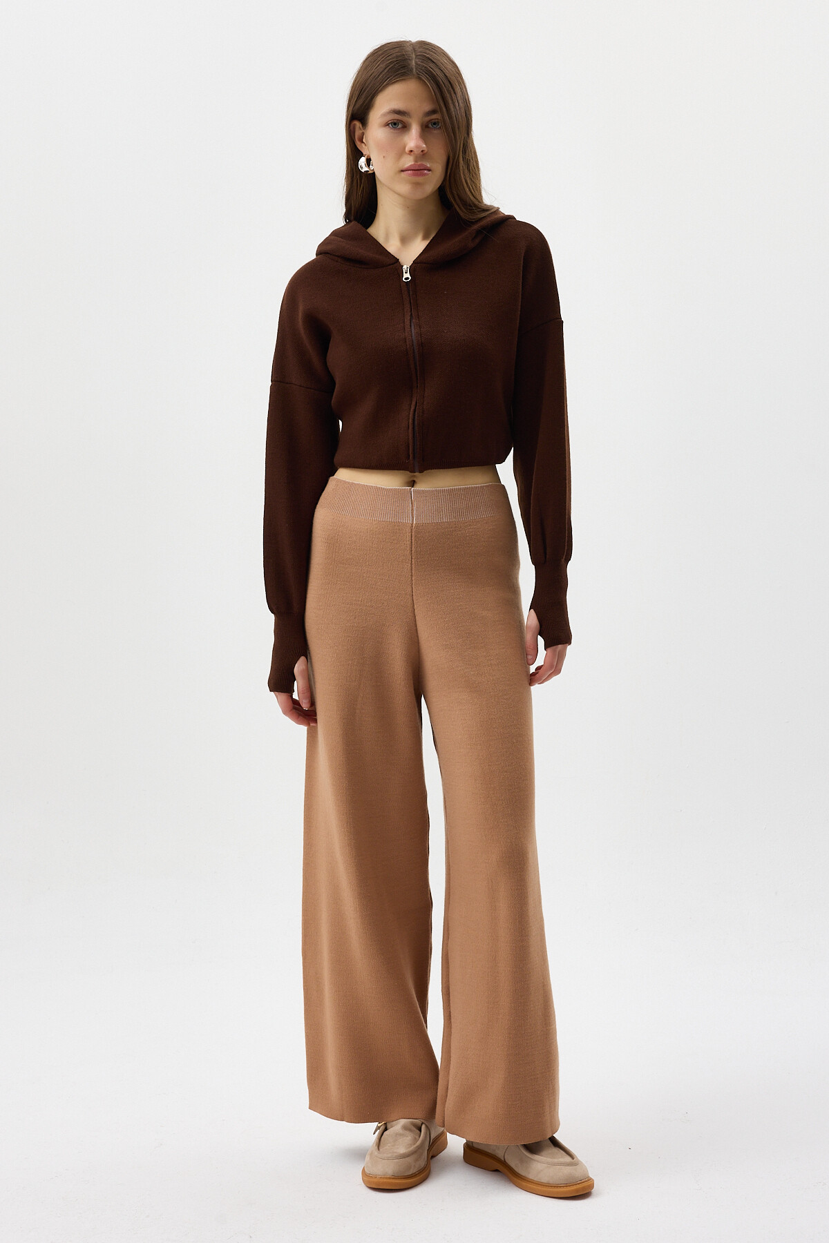 Koyu Bej Geniş Paça Triko Kadın Pantolon 23274 - 6