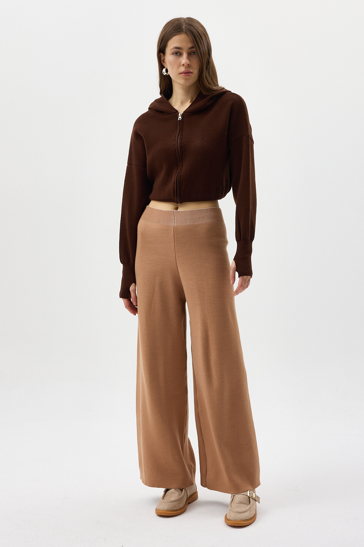 Koyu Bej Geniş Paça Triko Kadın Pantolon 23274 - RAYS