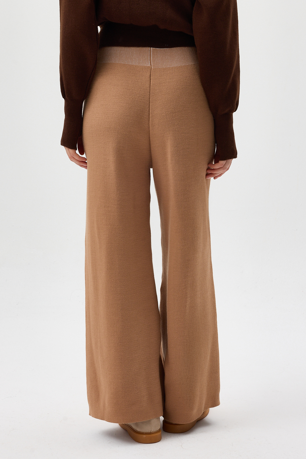 Koyu Bej Geniş Paça Triko Kadın Pantolon 23274 - 5