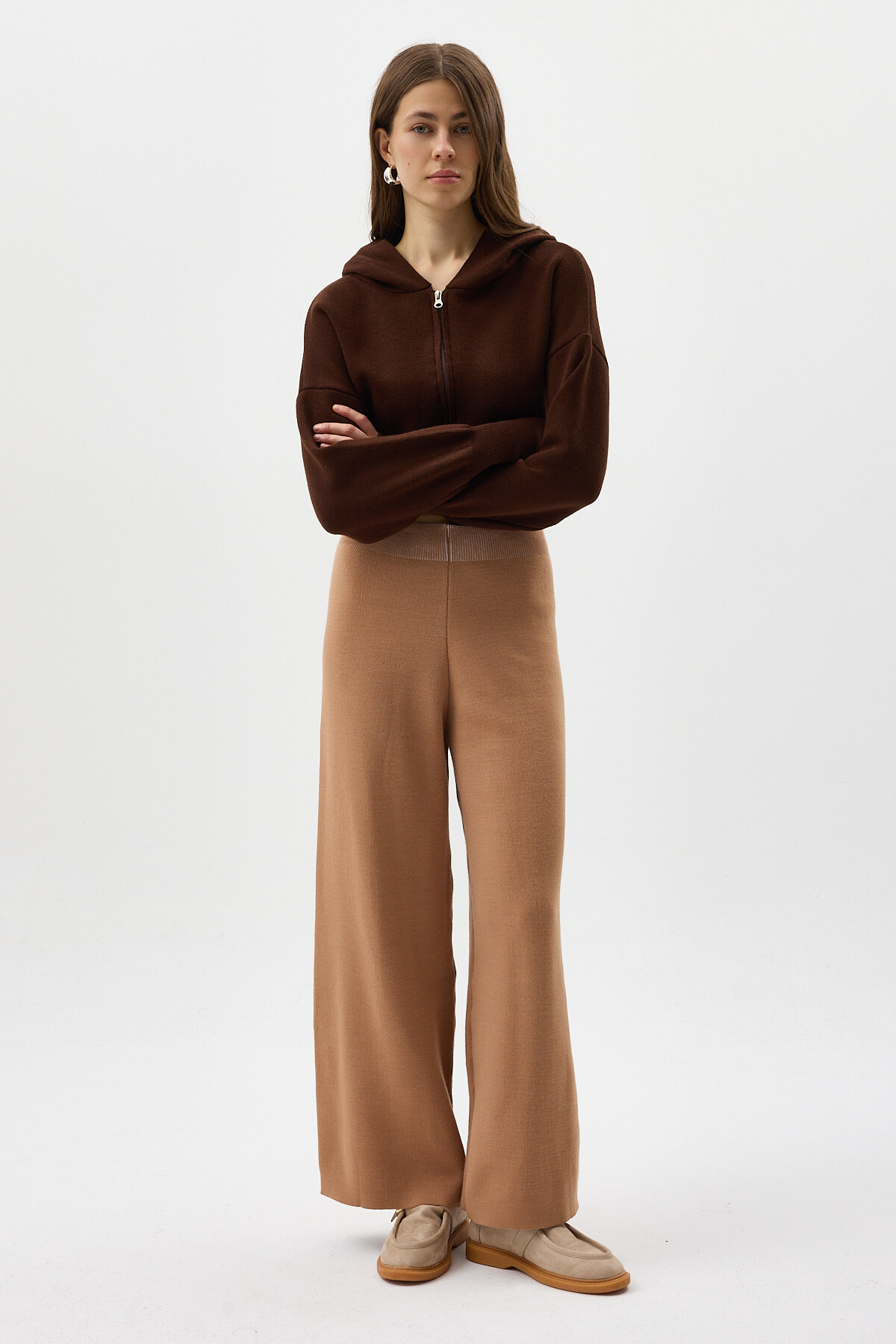 Koyu Bej Geniş Paça Triko Kadın Pantolon 23274 - 7