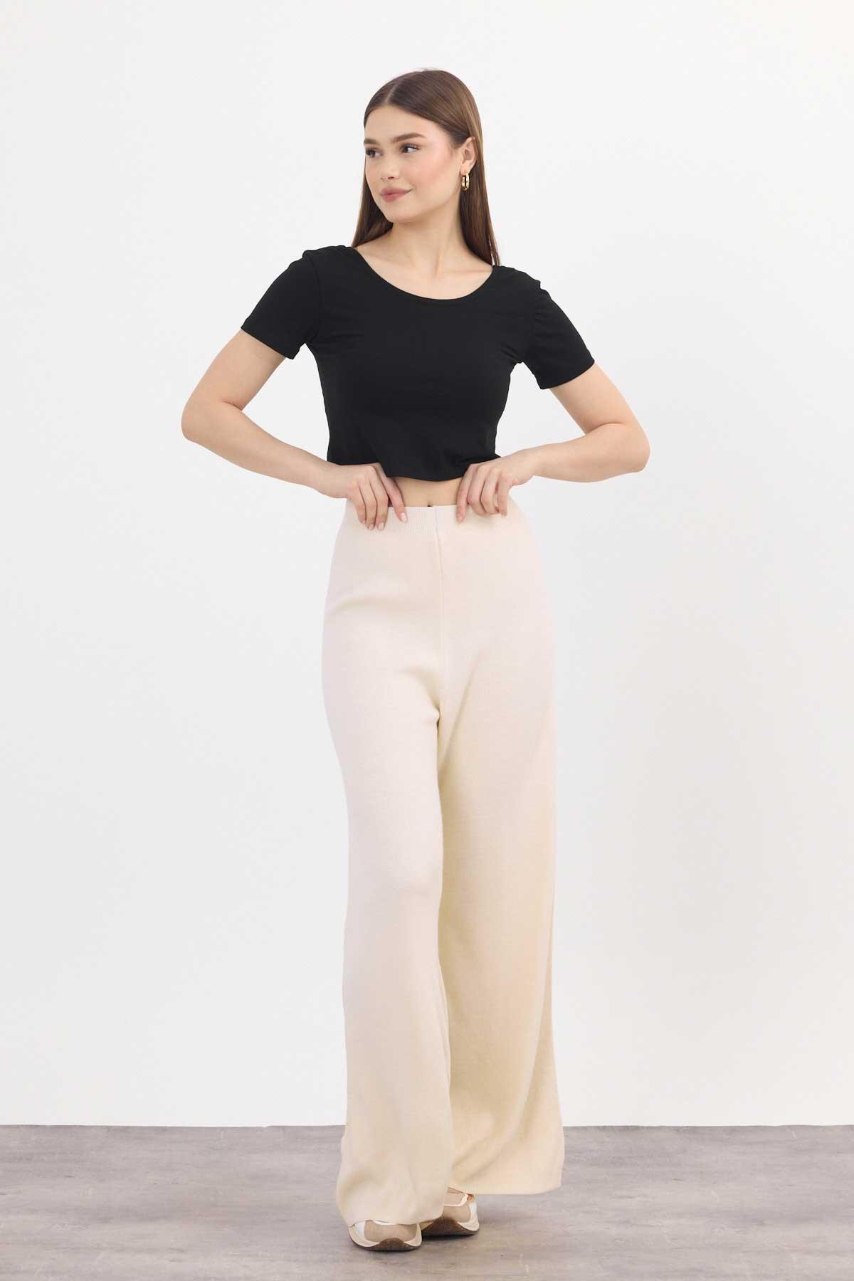 23274 Geniş Paça Triko Pantolon Krem 