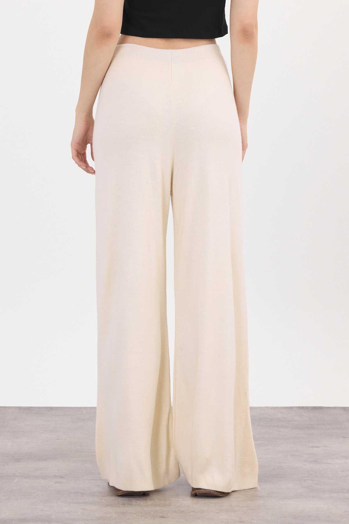 23274 Geniş Paça Triko Pantolon Krem - 6