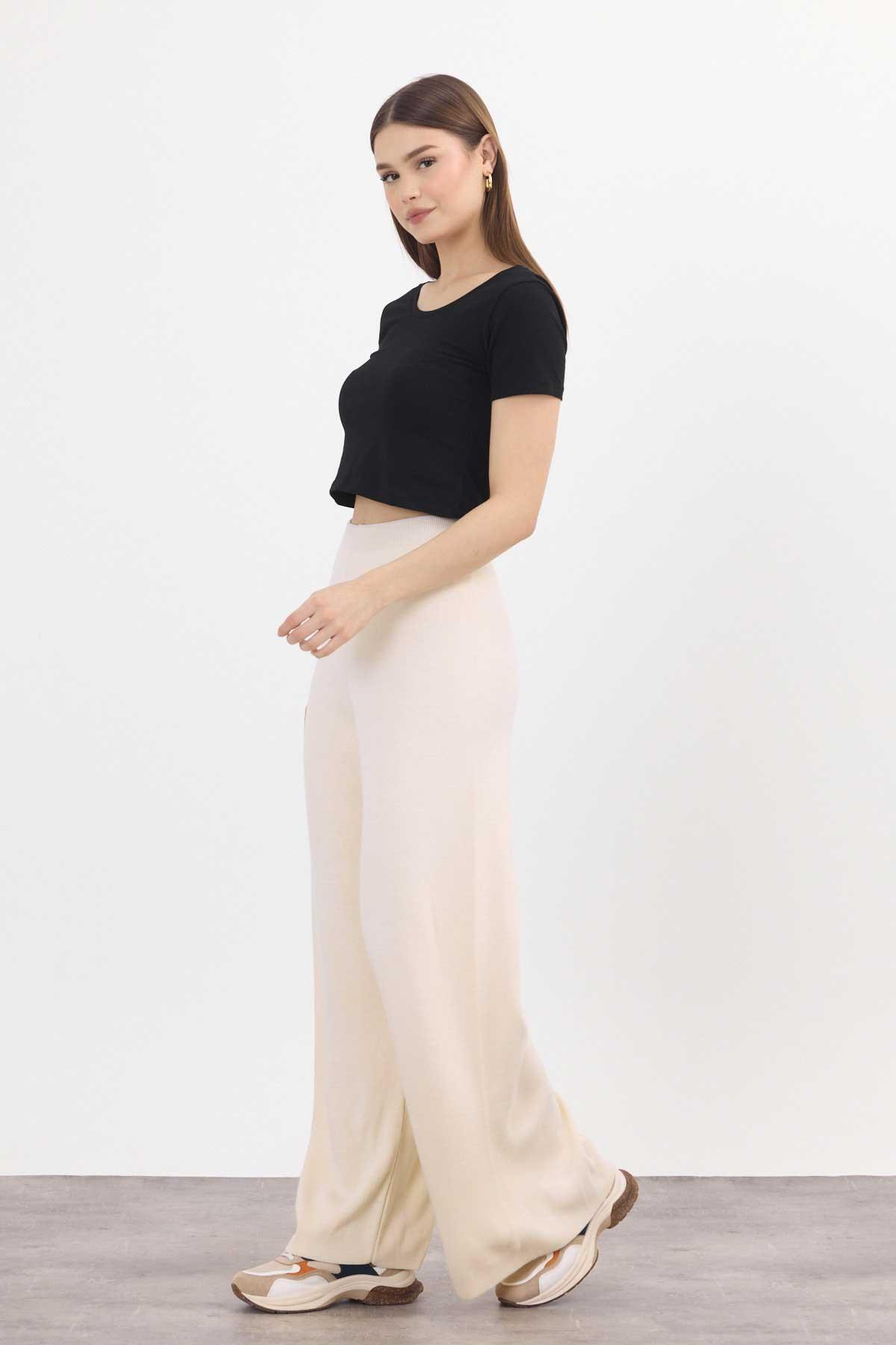 23274 Geniş Paça Triko Pantolon Krem - 2
