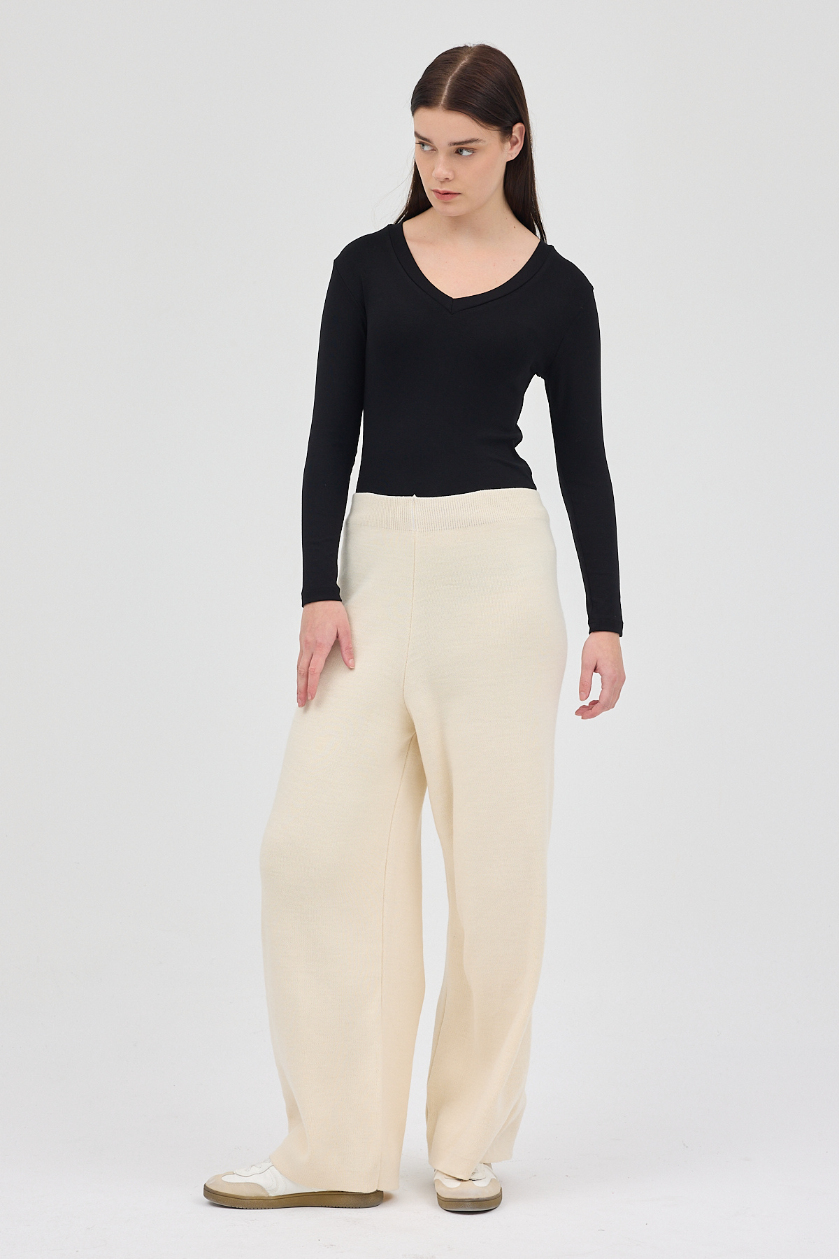 Krem Geniş Paça Triko Kadın Pantolon 23274 - 6