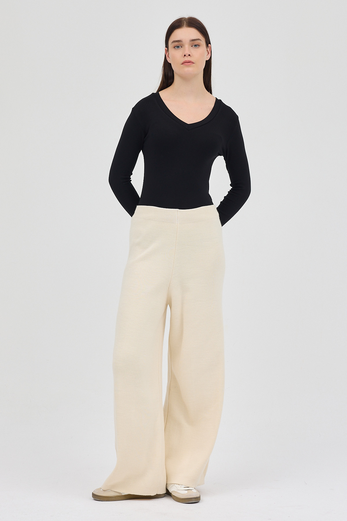 Krem Geniş Paça Triko Kadın Pantolon 23274 - RAYS