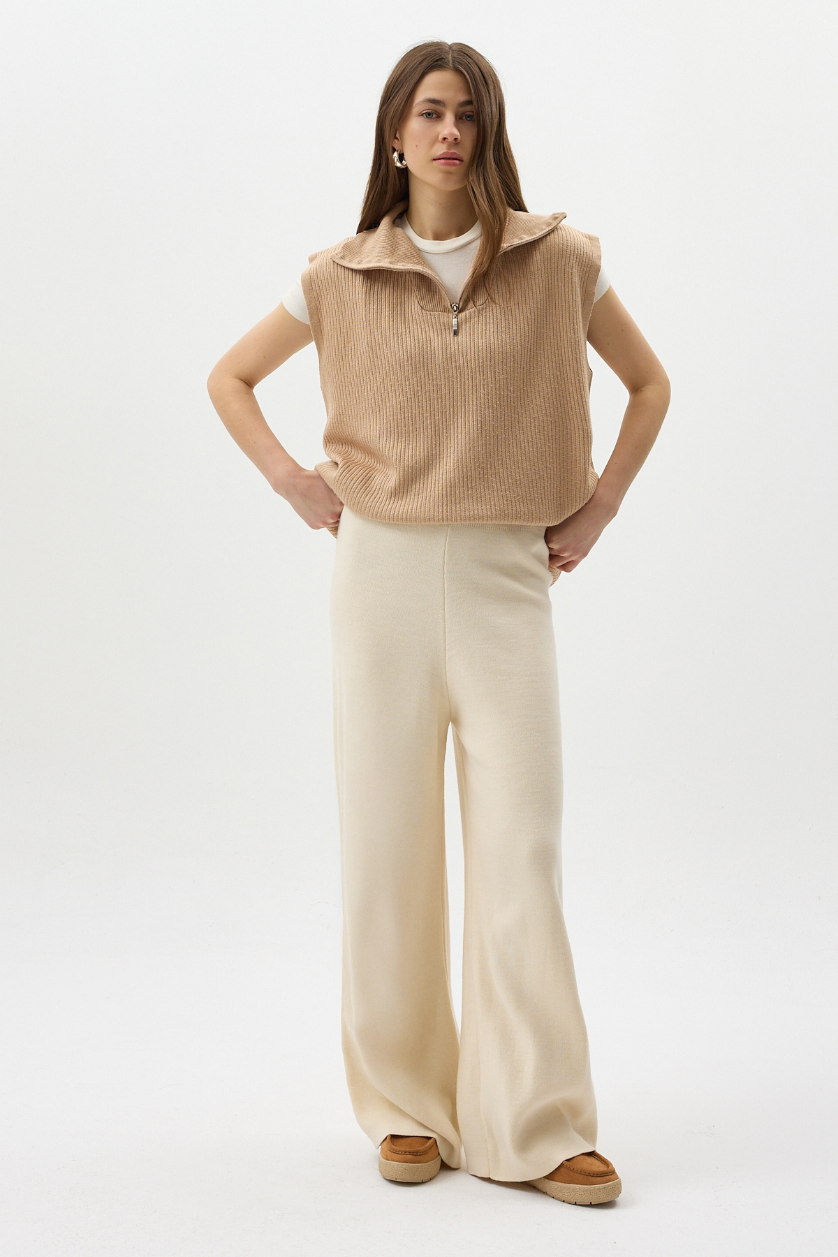 Krem Geniş Paça Triko Kadın Pantolon 23274 - 6