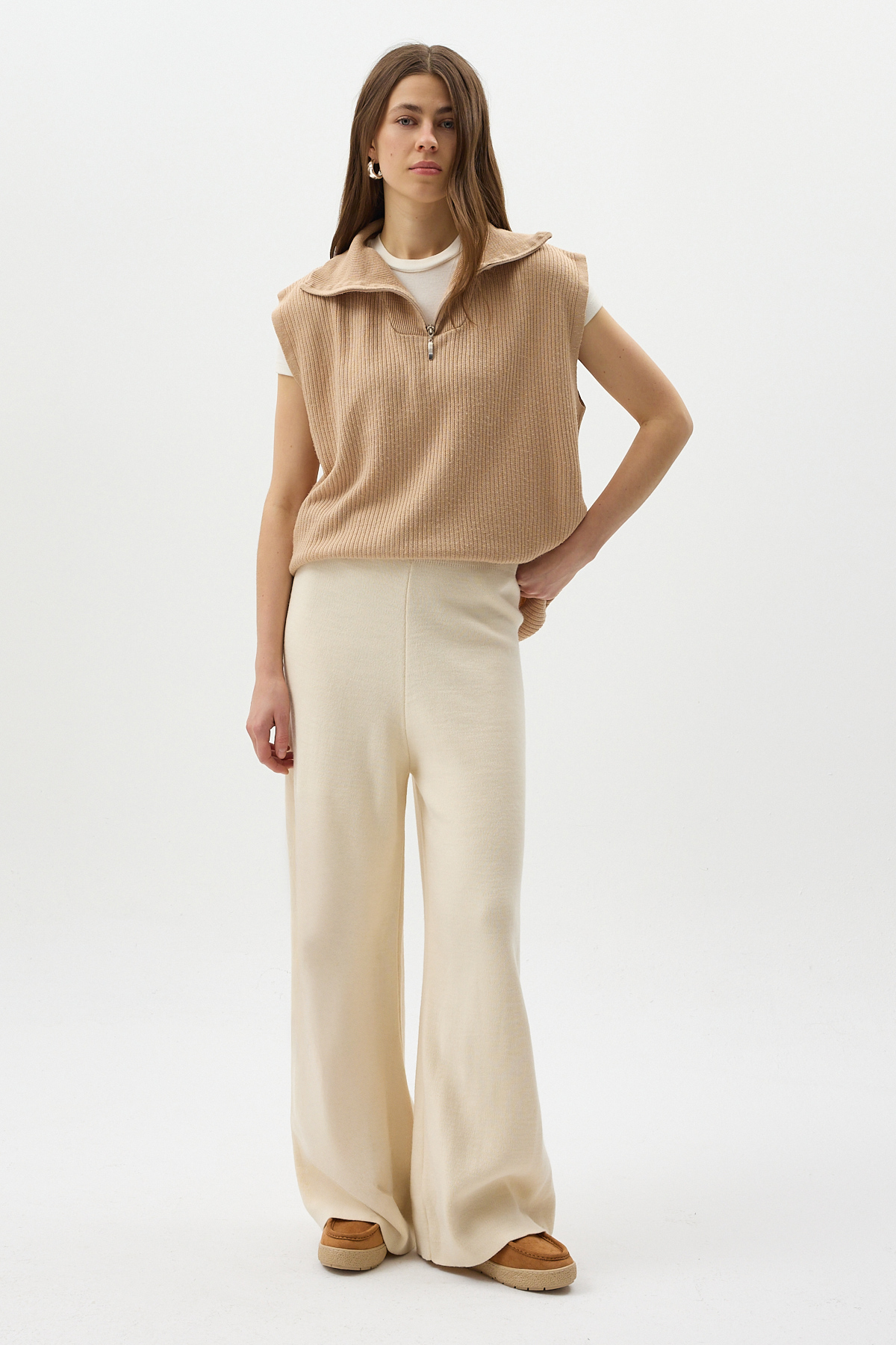 Krem Geniş Paça Triko Kadın Pantolon 23274 