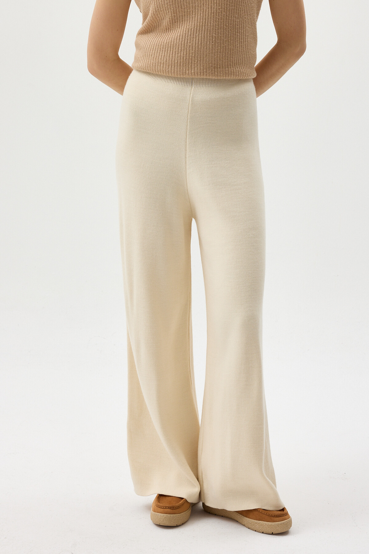 Krem Geniş Paça Triko Kadın Pantolon 23274 - 2