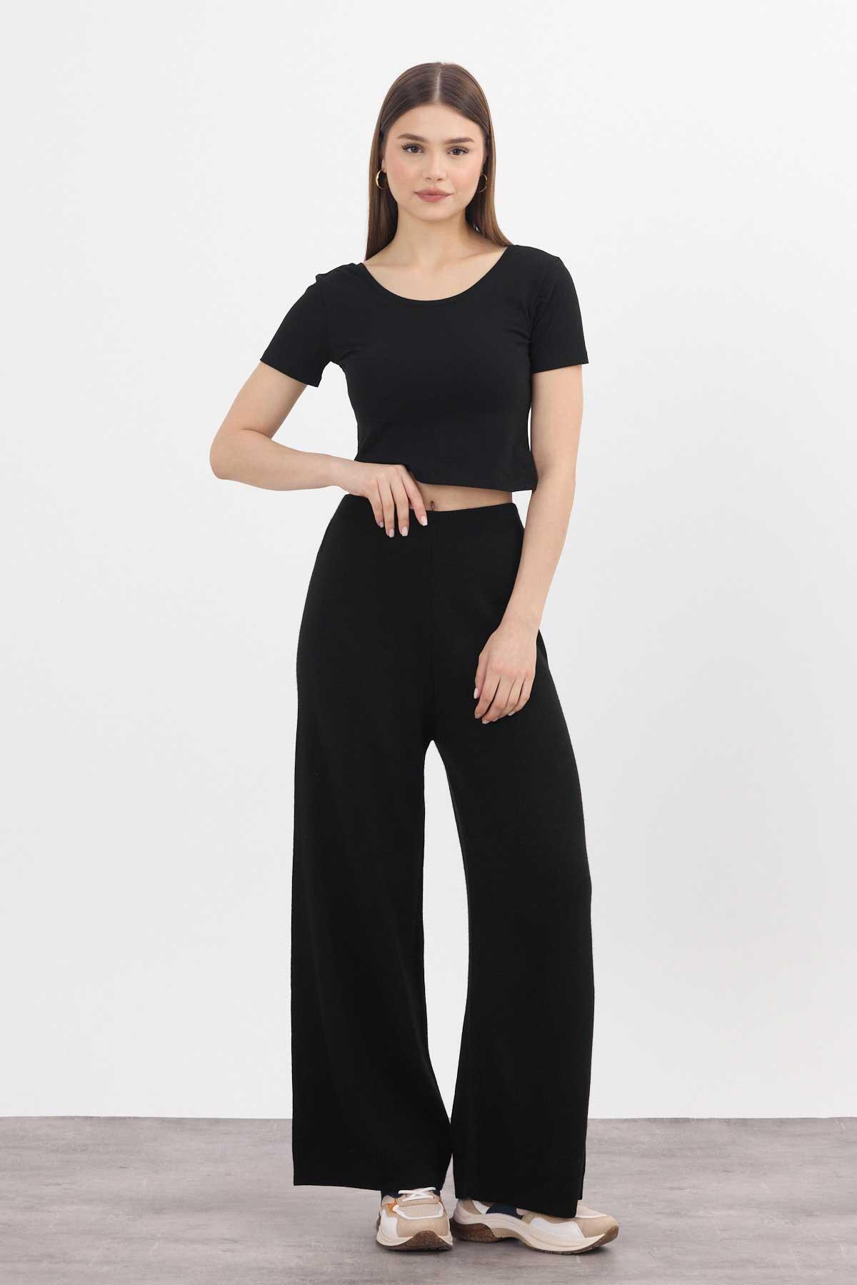 23274 Geniş Paça Triko Pantolon Siyah 