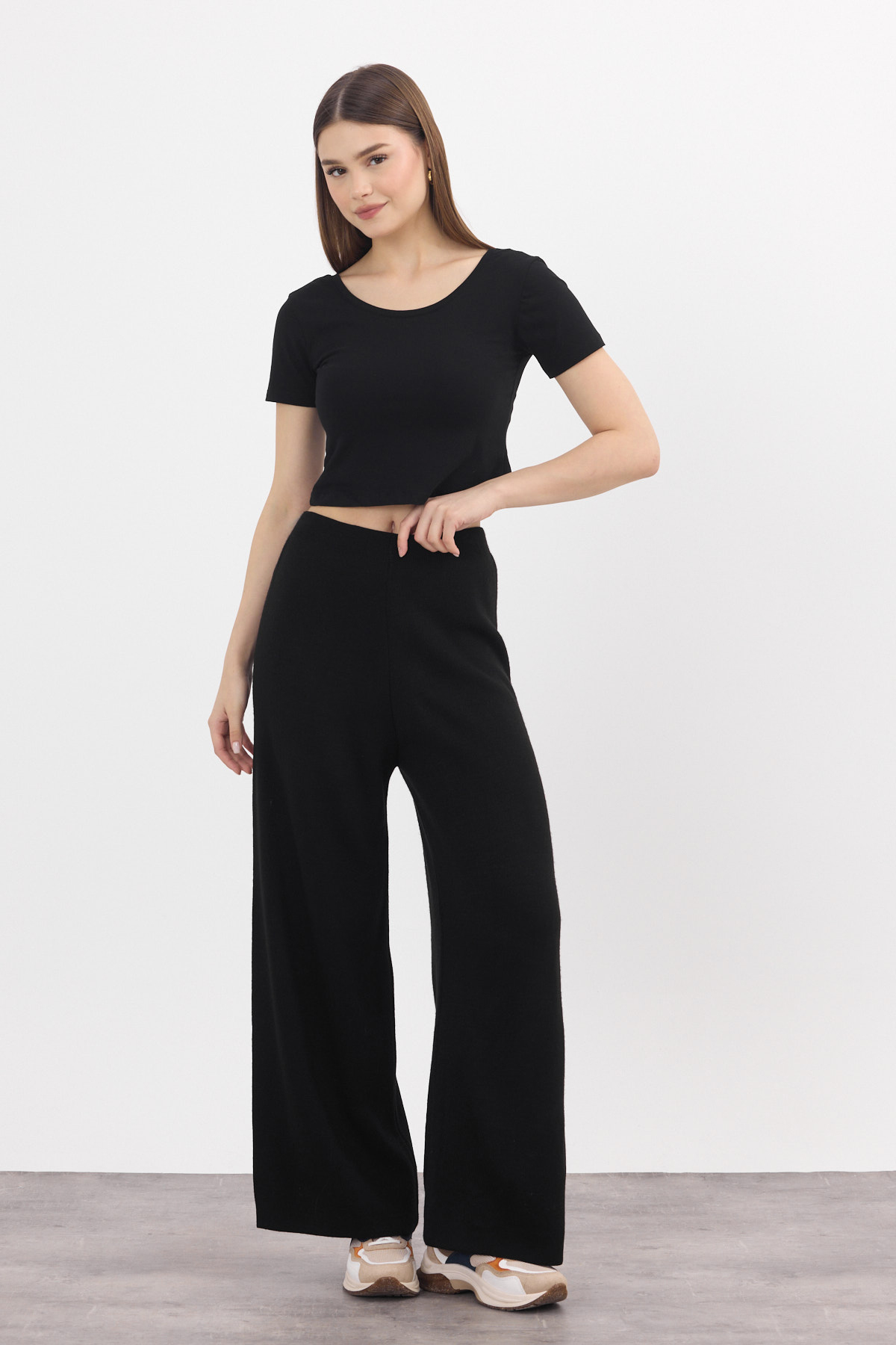 Siyah Geniş Paça Triko Kadın Pantolon 23274 - RAYS