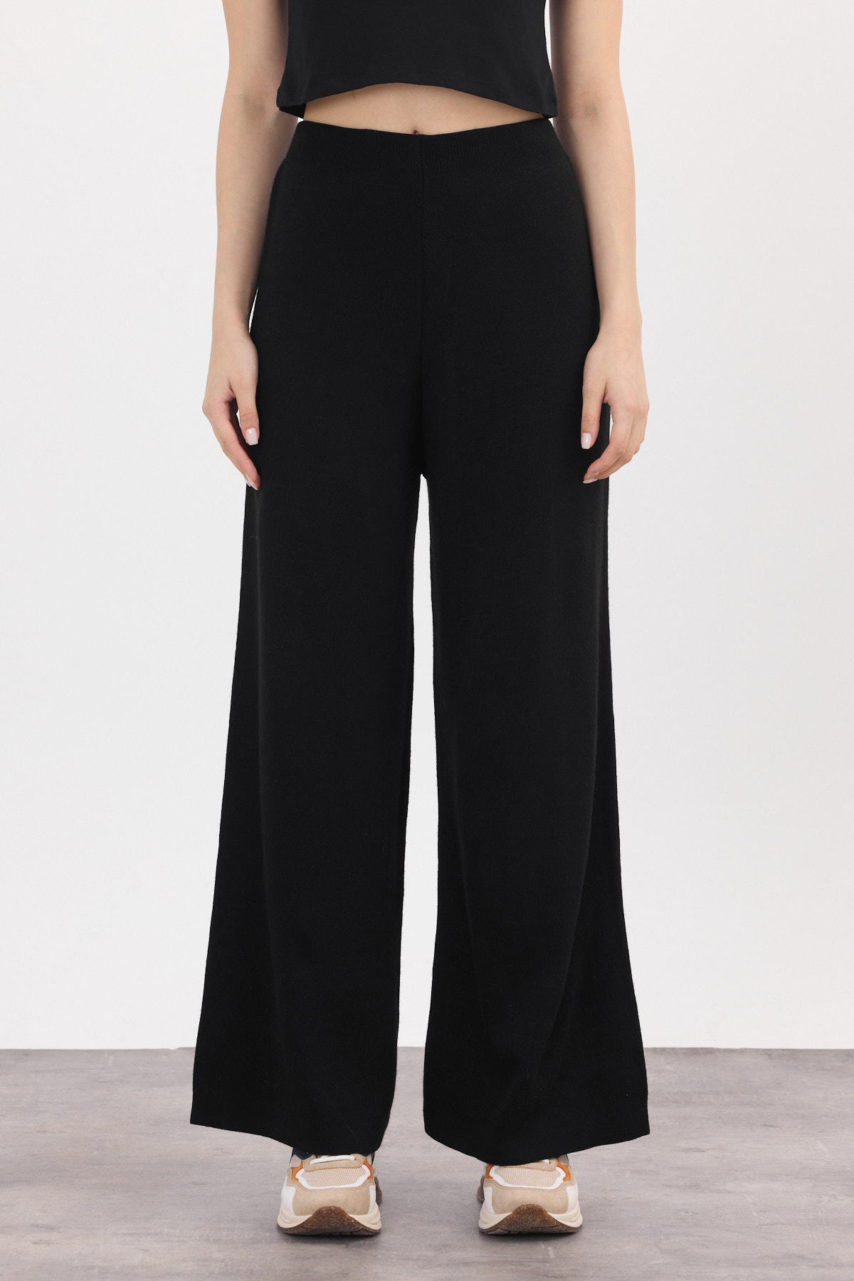 Siyah Geniş Paça Triko Kadın Pantolon 23274 - 2