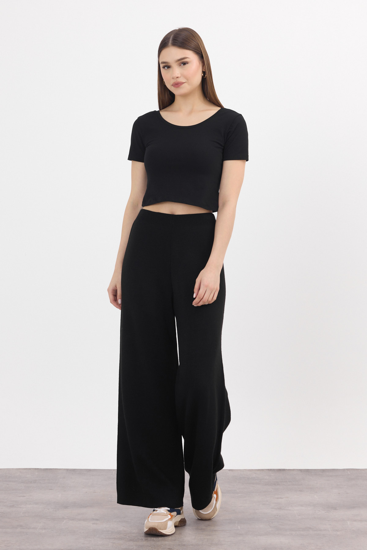 Siyah Geniş Paça Triko Kadın Pantolon 23274 - 3