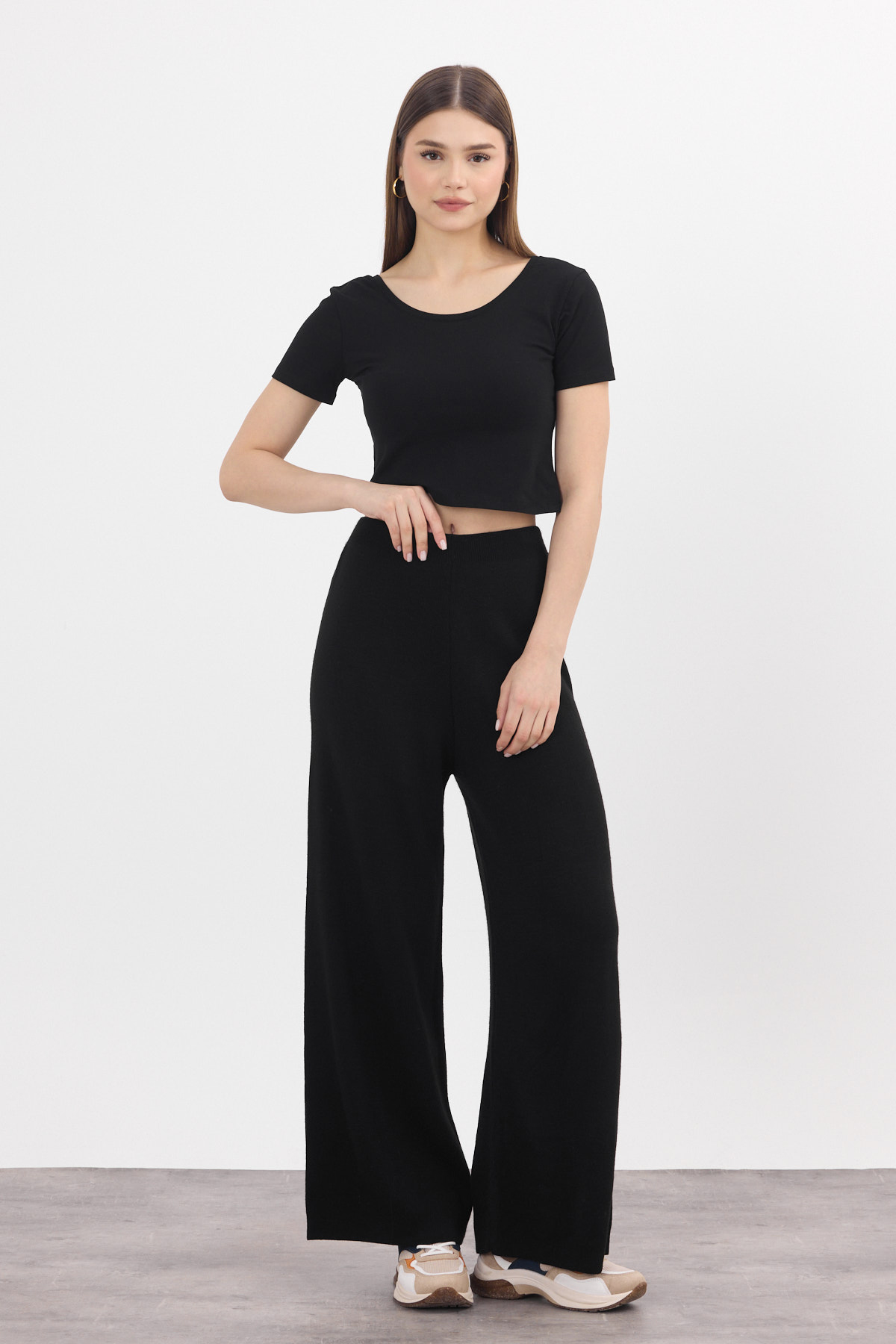 Siyah Geniş Paça Triko Kadın Pantolon 23274 - 6