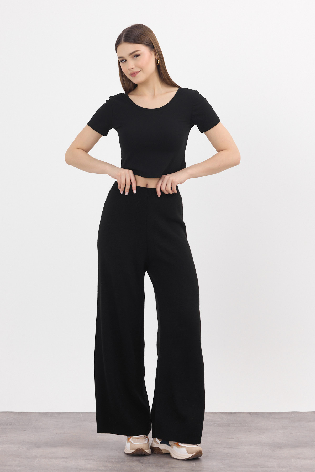 Siyah Geniş Paça Triko Kadın Pantolon 23274 - 7