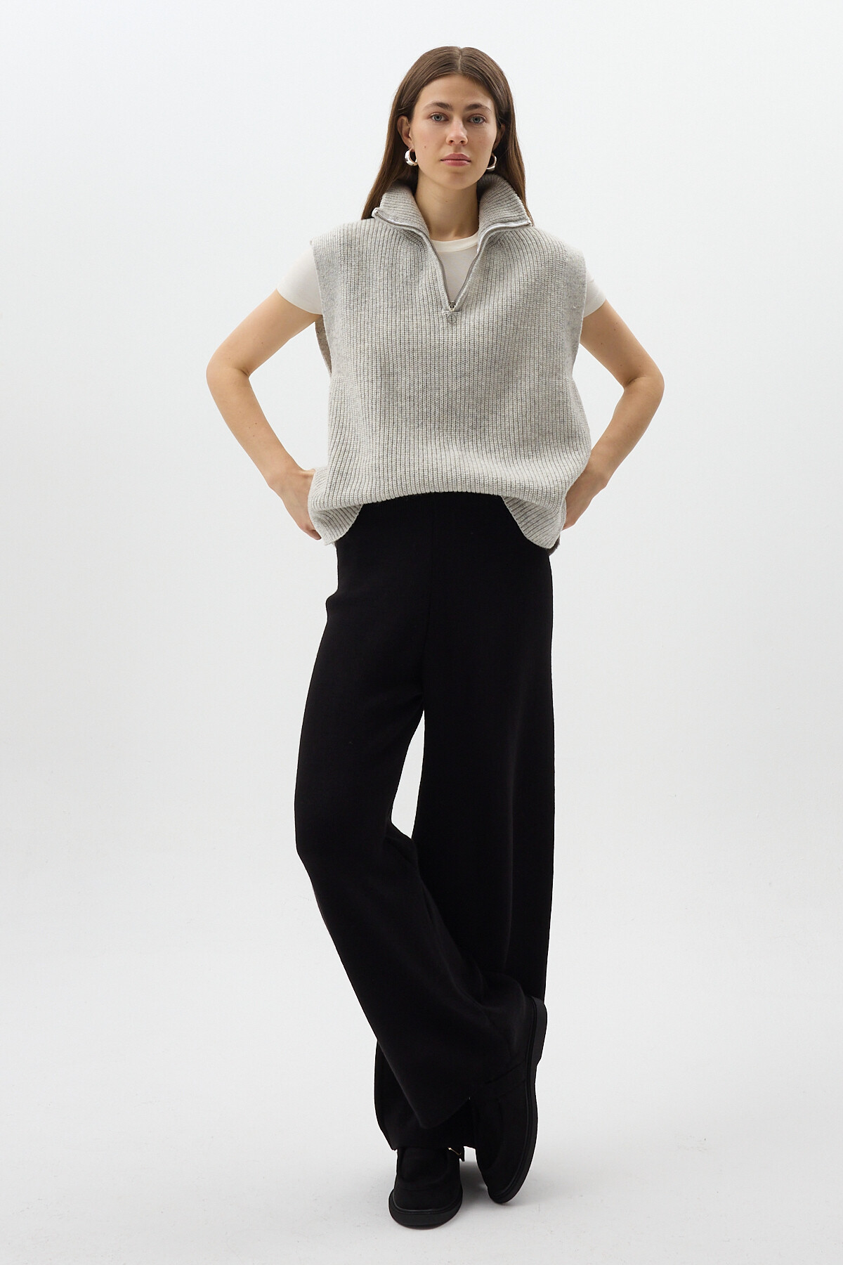 Siyah Geniş Paça Triko Kadın Pantolon 23274 - 7