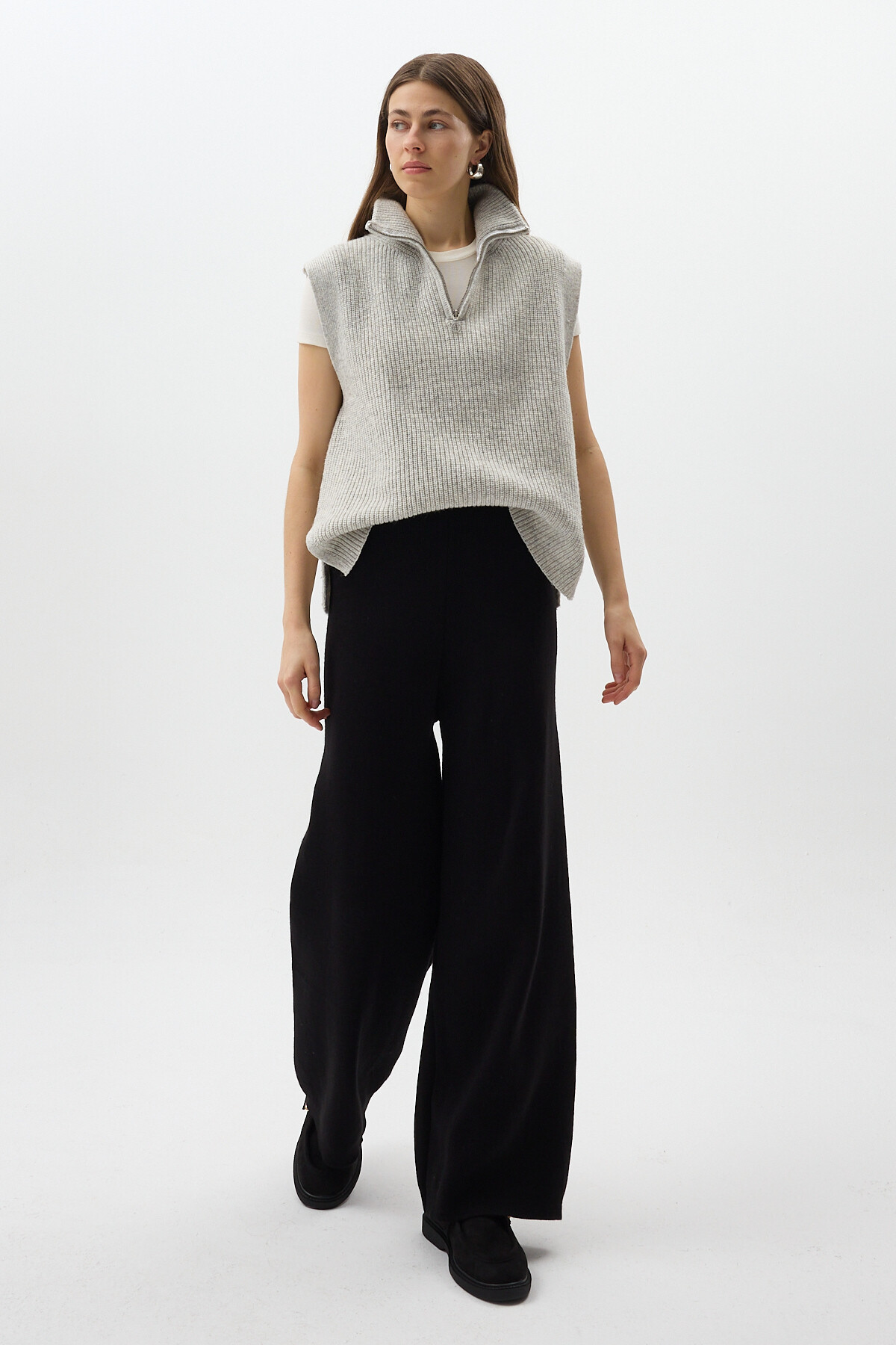 Siyah Geniş Paça Triko Kadın Pantolon 23274 - 6