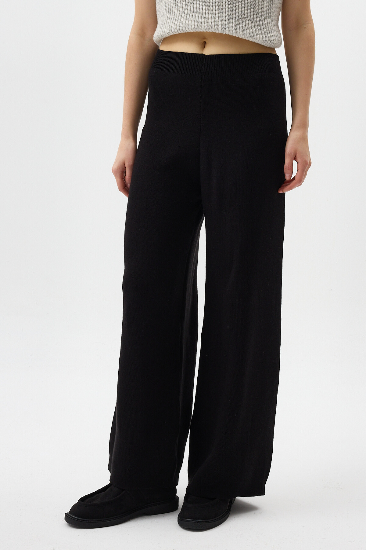 Siyah Geniş Paça Triko Kadın Pantolon 23274 - 3