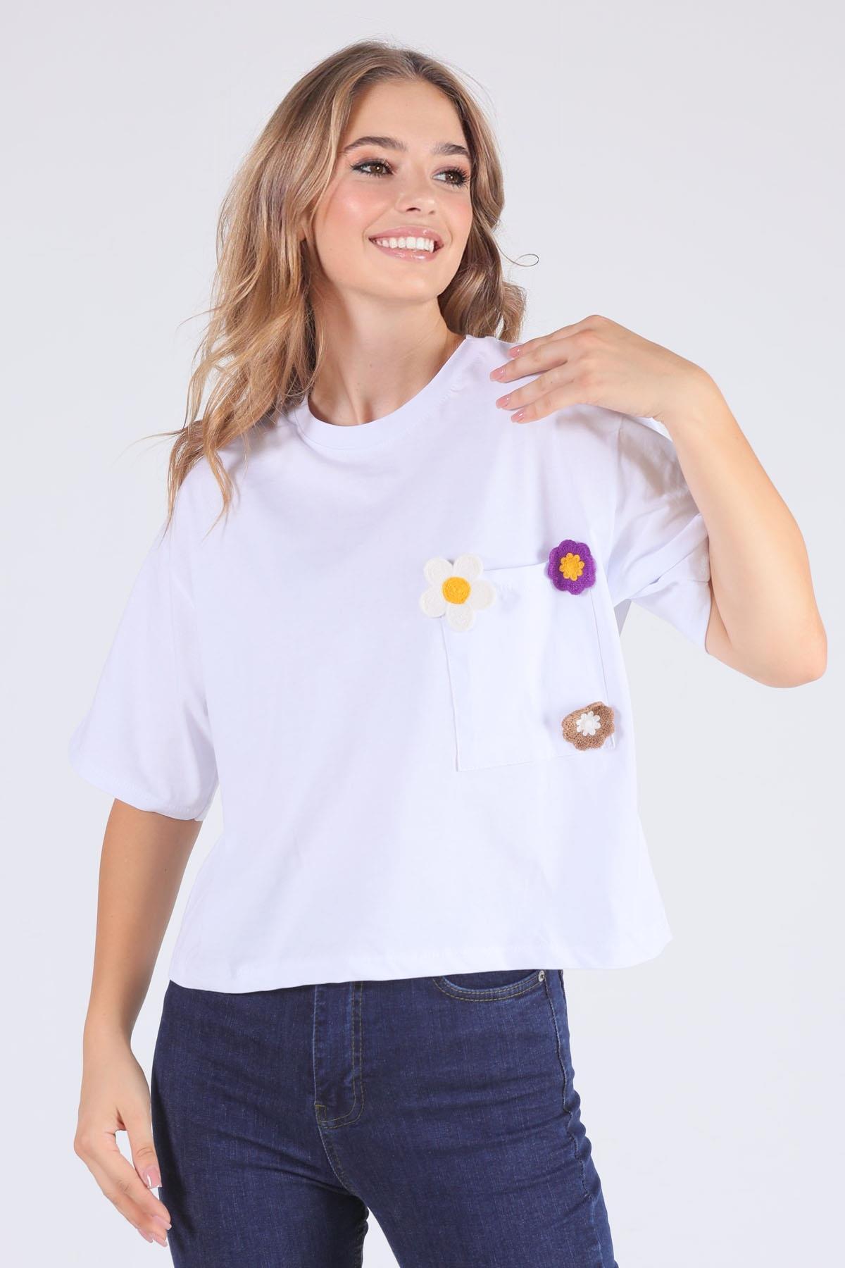 23304 Cep Papatya Detaylı Tişört Beyaz - 1