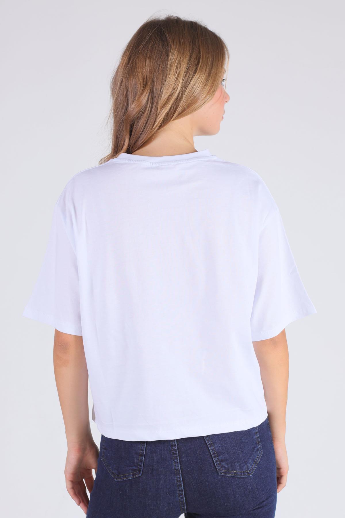 23304 Cep Papatya Detaylı Tişört Beyaz - 5
