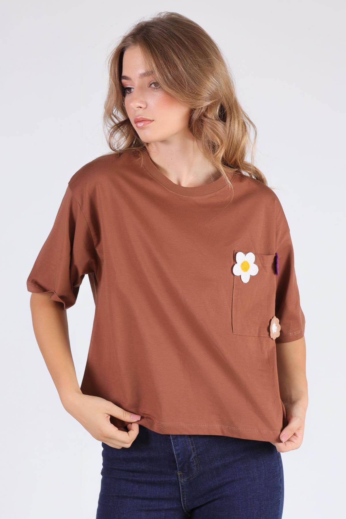 Kahve Cep Papatya Detaylı Tişört 23304 - 3