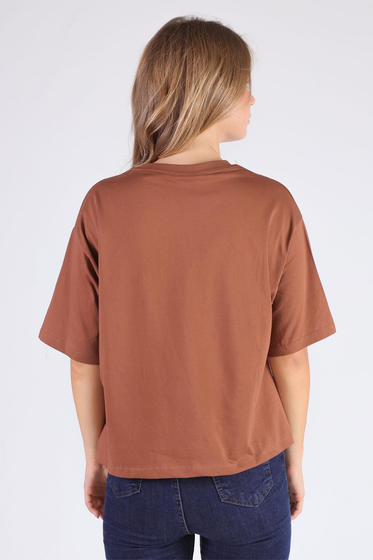 Kahve Cep Papatya Detaylı Tişört 23304 - 4