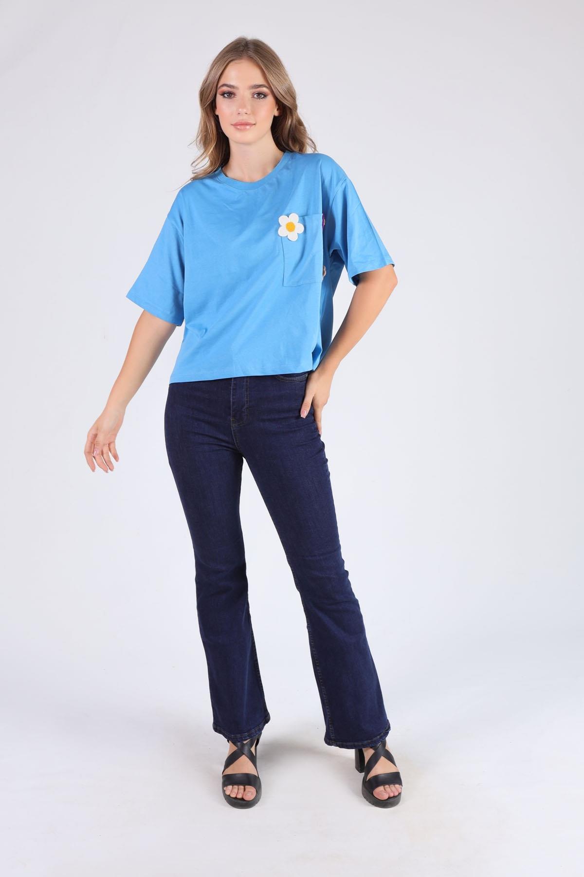 23304 Cep Papatya Detaylı Tişört Mavi - 2