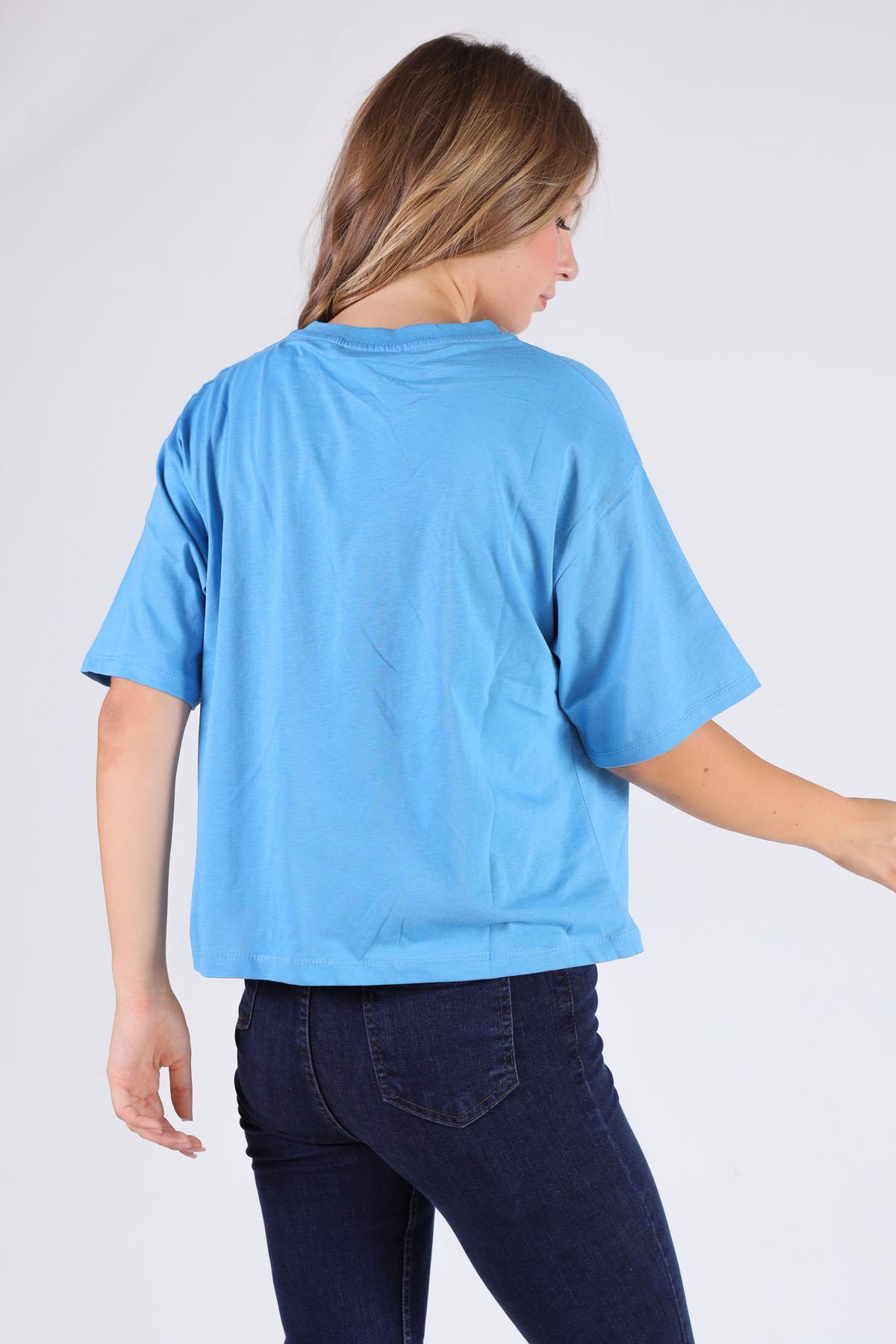 23304 Cep Papatya Detaylı Tişört Mavi - 6
