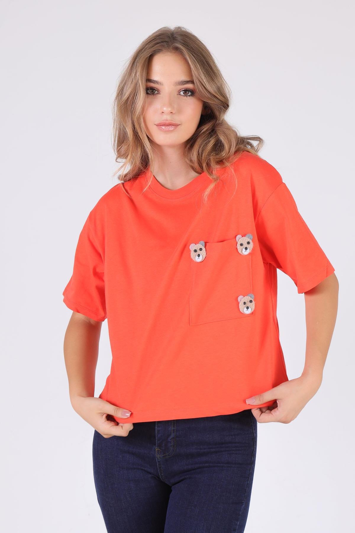 23304 Cep Papatya Detaylı Tişört Nar - 3