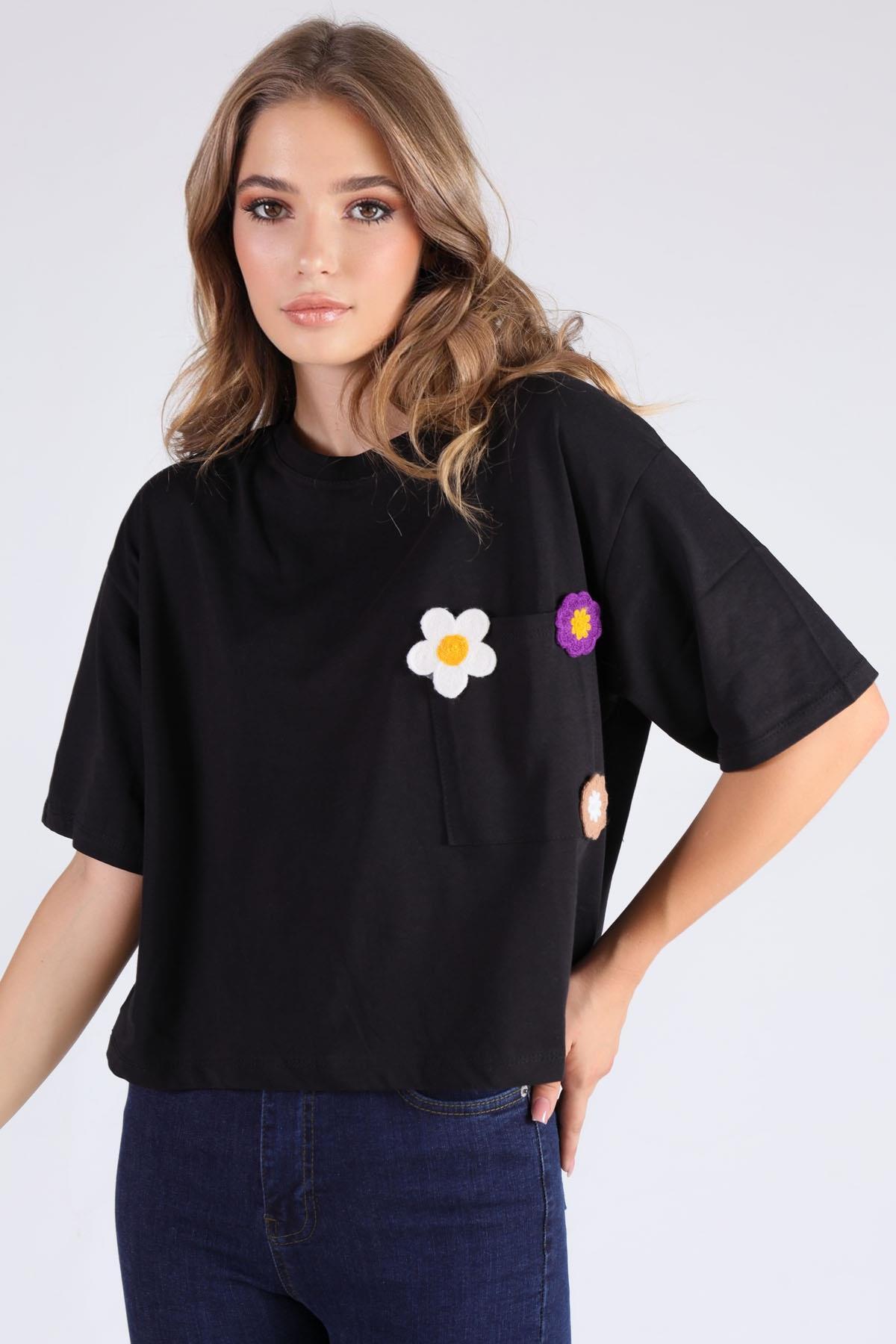 23304 Cep Papatya Detaylı Tişört Siyah - 1