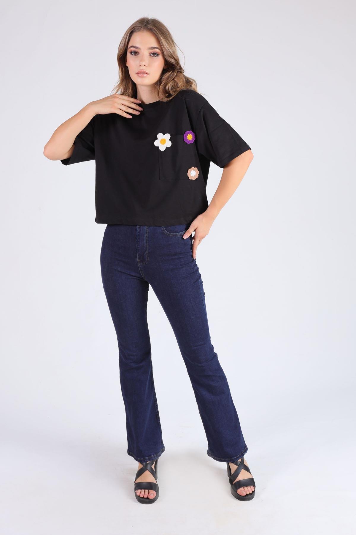 23304 Cep Papatya Detaylı Tişört Siyah - 2