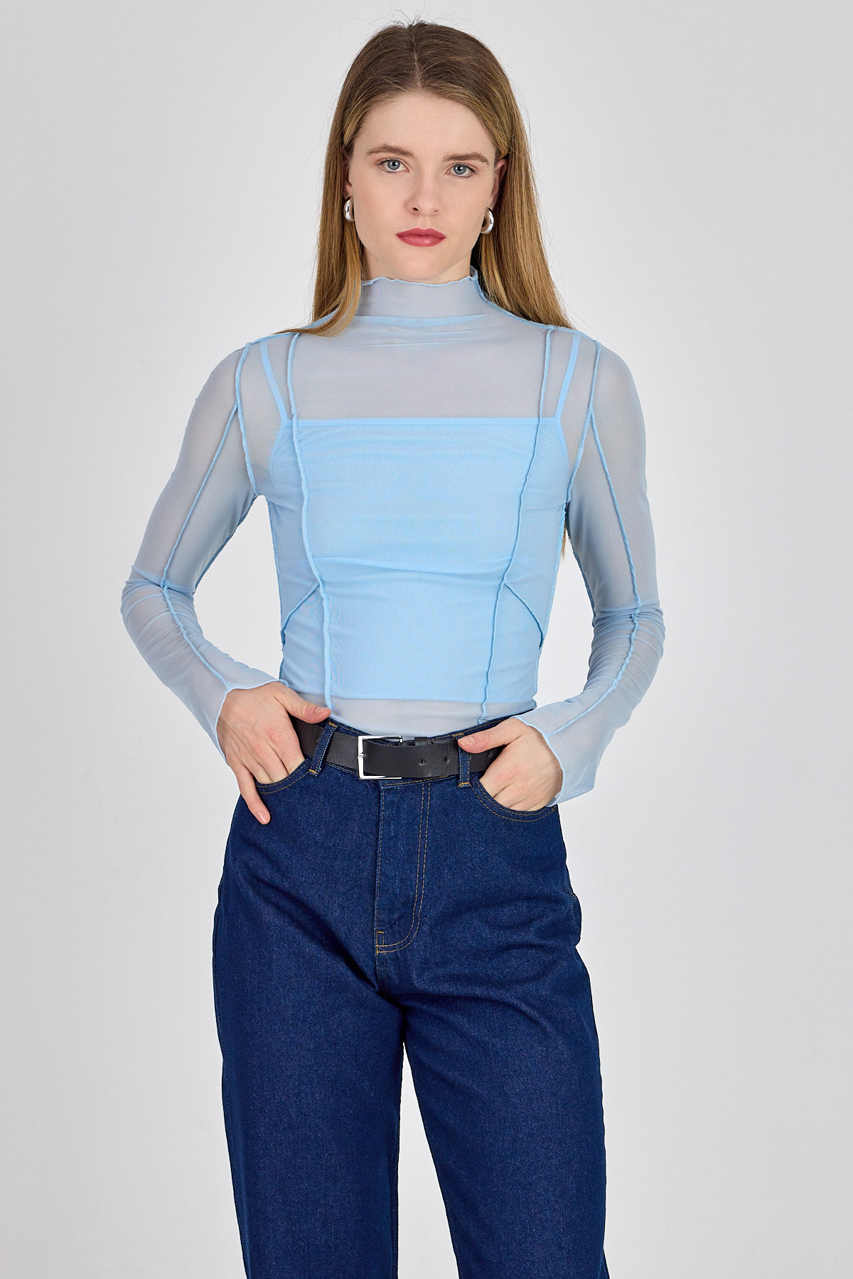 Bebe Mavi Dikiş Detaylı Uzun Kollu Tül Bluz 233163 - 2