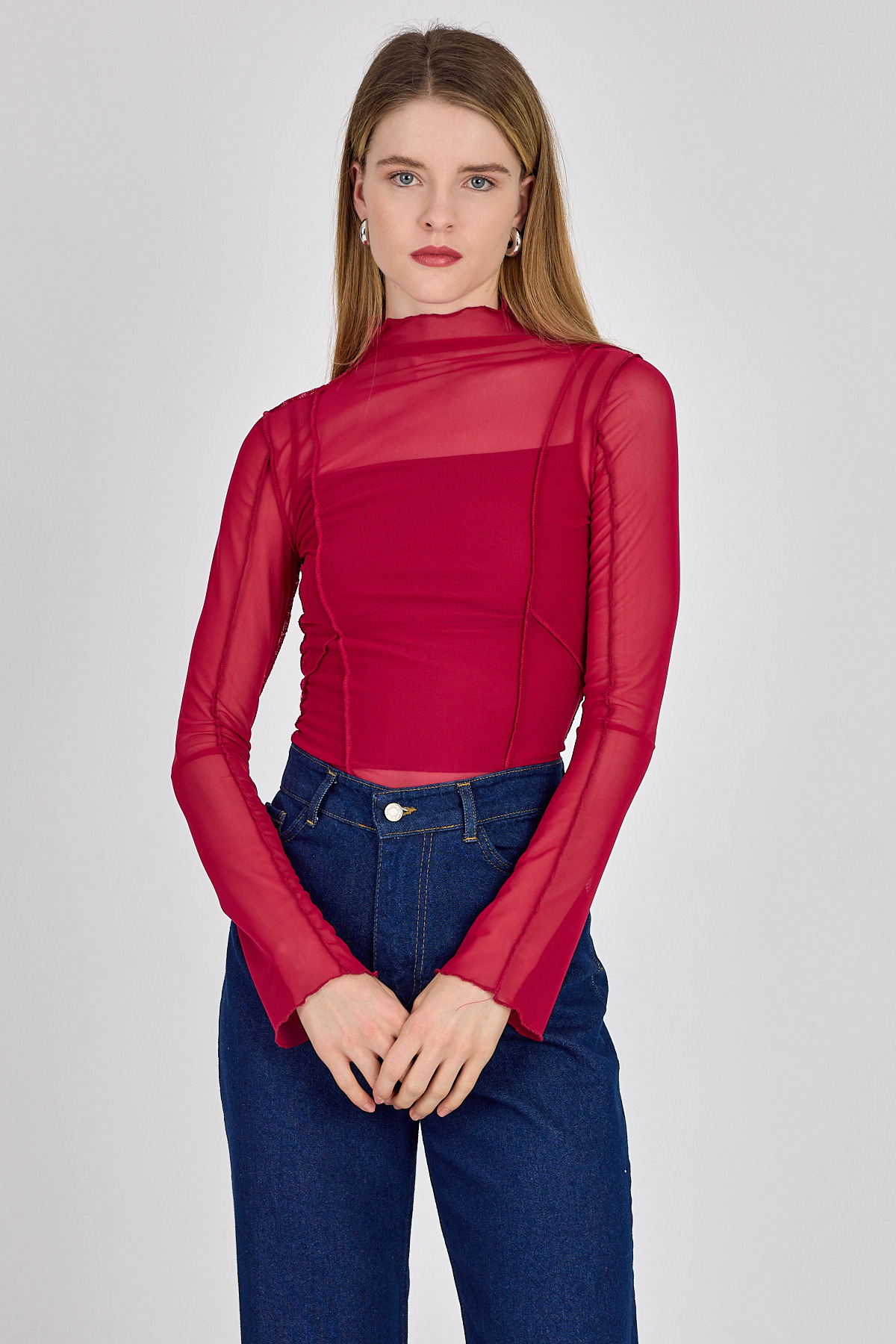 Fuşya Dikiş Detaylı Uzun Kollu Tül Bluz 233163 