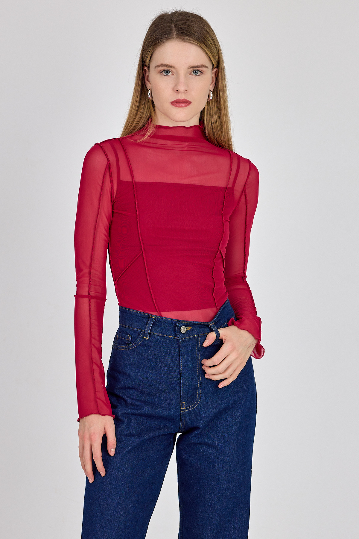 Fuşya Dikiş Detaylı Uzun Kollu Tül Bluz 233163 - 5