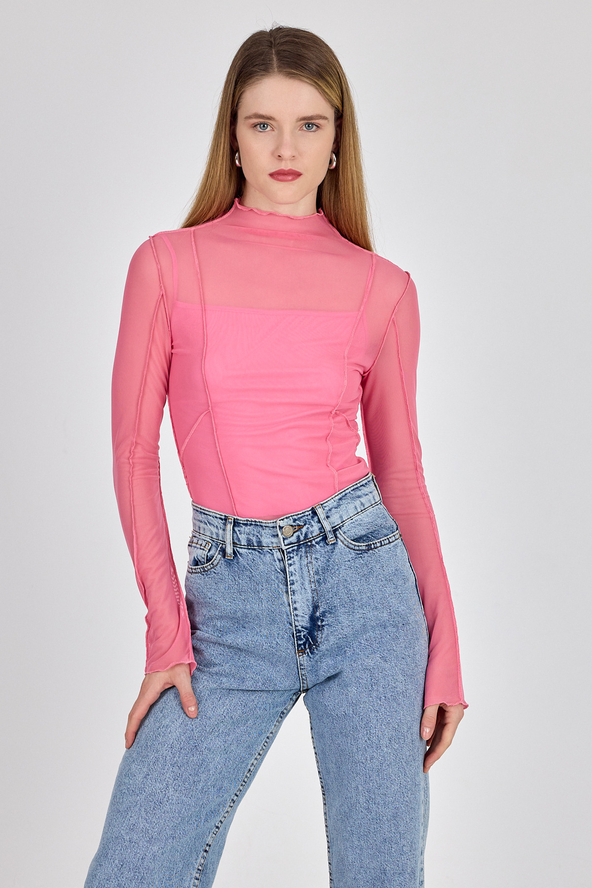 Pembe Dikiş Detaylı Uzun Kollu Tül Bluz 233163 - 1