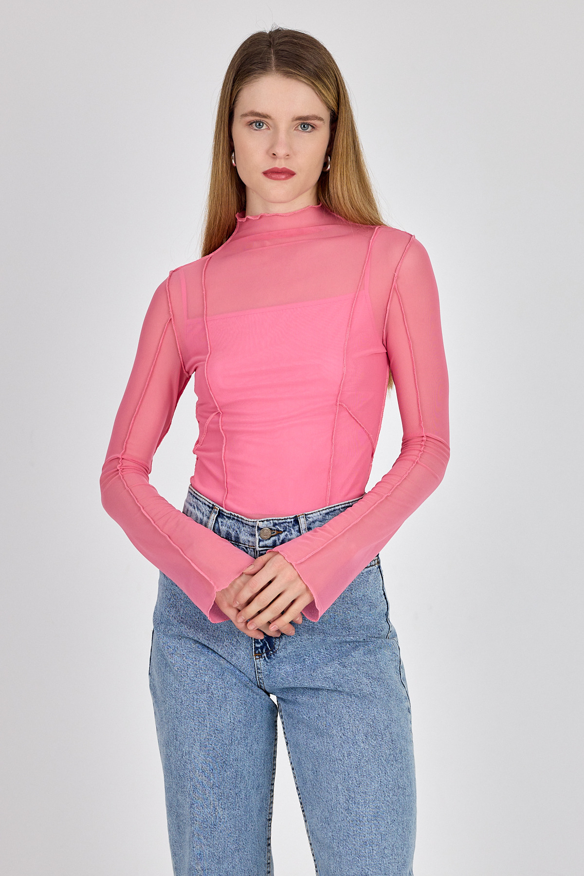 Pembe Dikiş Detaylı Uzun Kollu Tül Bluz 233163 - 2