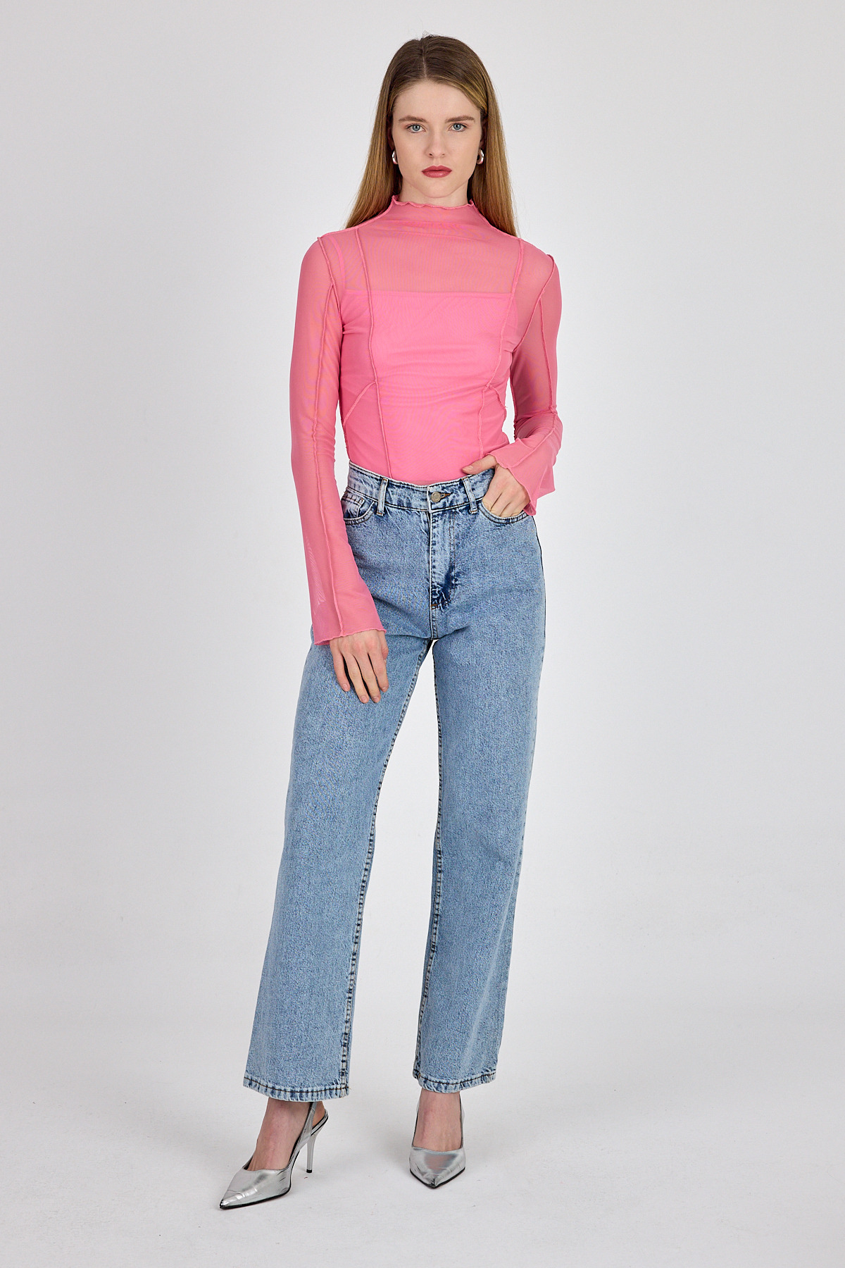 Pembe Dikiş Detaylı Uzun Kollu Tül Bluz 233163 - 3