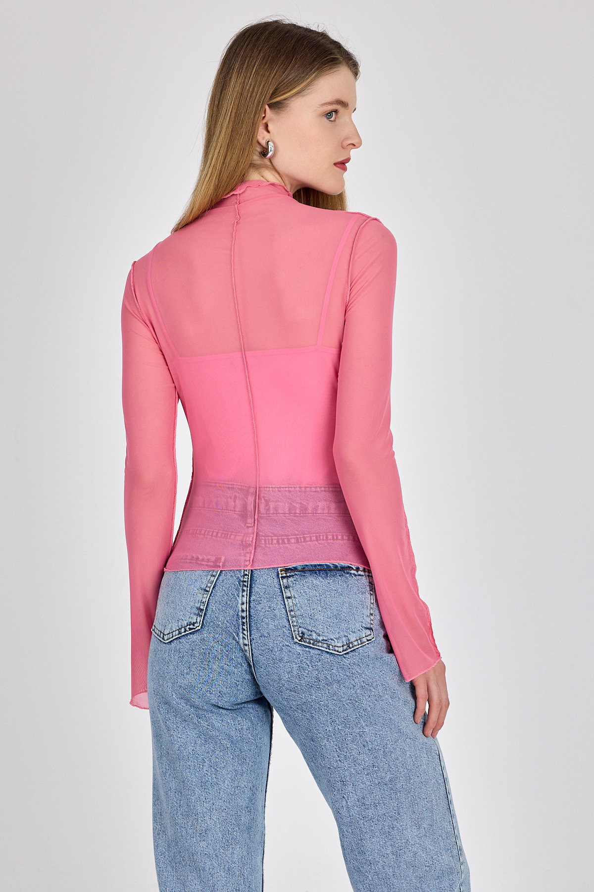 Pembe Dikiş Detaylı Uzun Kollu Tül Bluz 233163 - 5