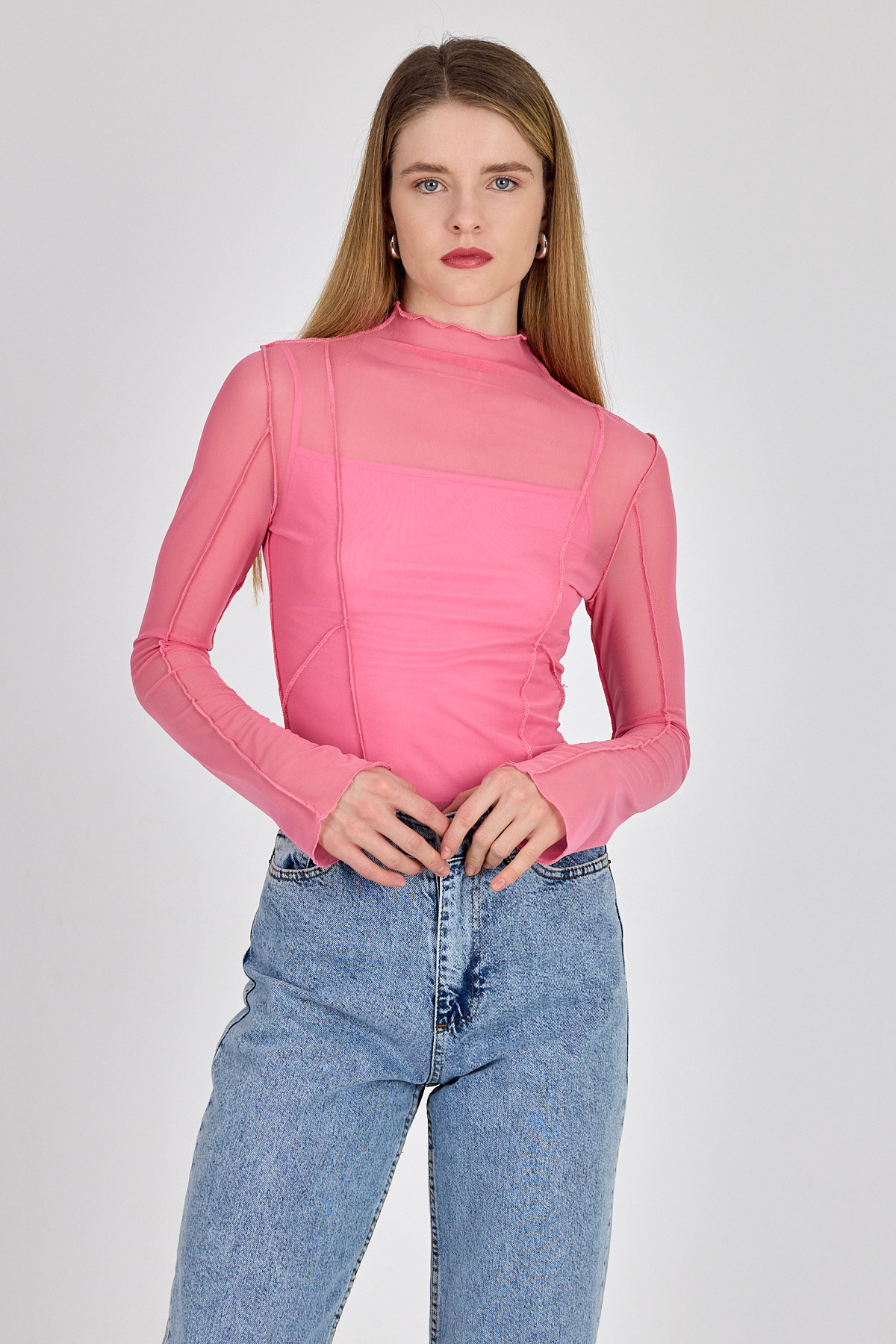 Pembe Dikiş Detaylı Uzun Kollu Tül Bluz 233163 - 7