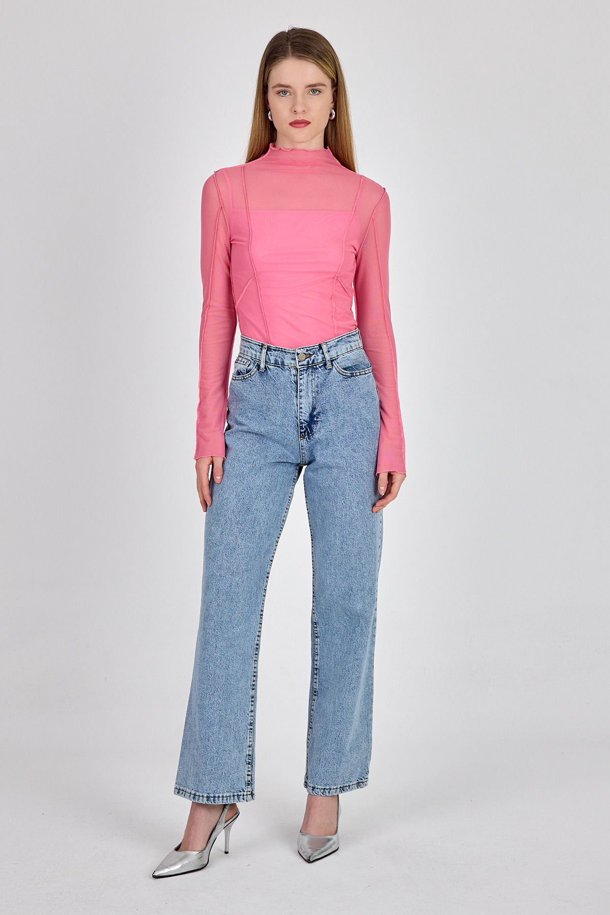 Pembe Dikiş Detaylı Uzun Kollu Tül Bluz 233163 - 6