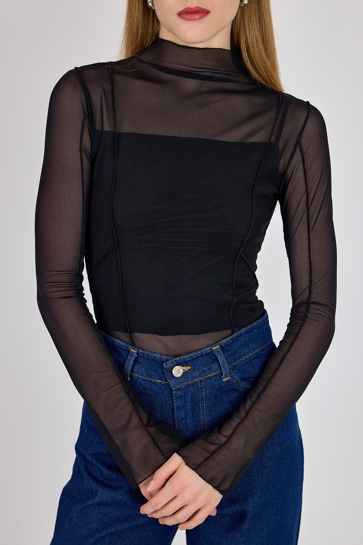 Siyah Dikiş Detaylı Uzun Kollu Tül Bluz 233163 - RAYS
