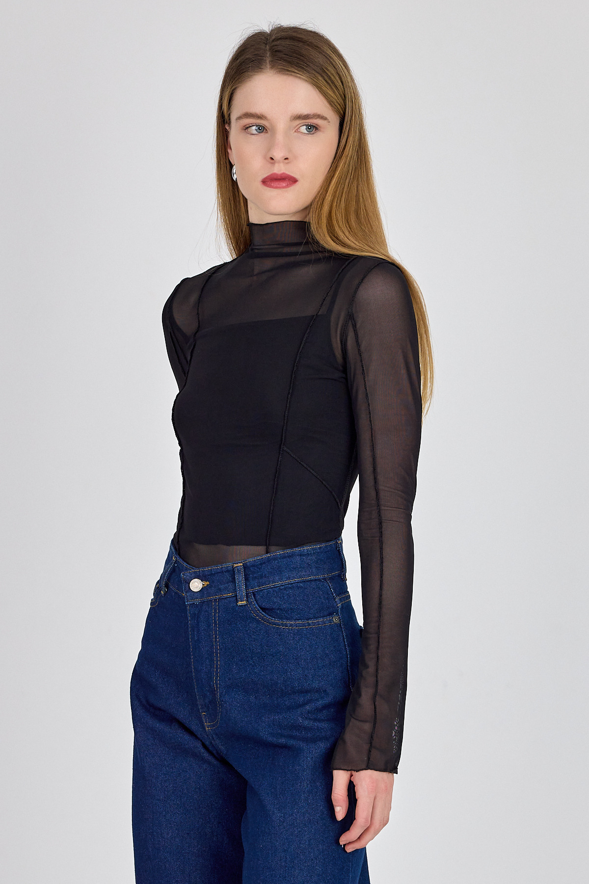 Siyah Dikiş Detaylı Uzun Kollu Tül Bluz 233163 - 6