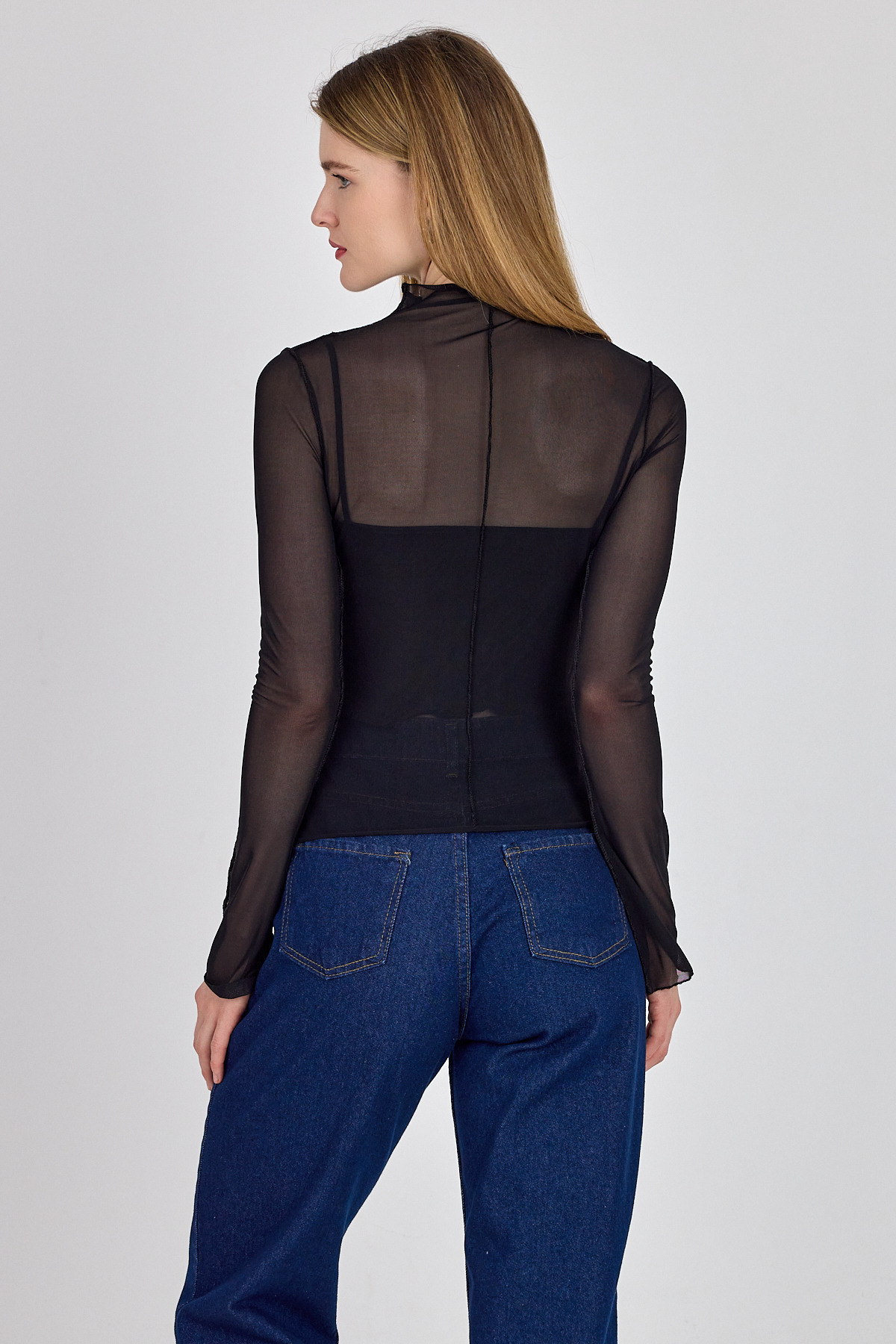 Siyah Dikiş Detaylı Uzun Kollu Tül Bluz 233163 - 5