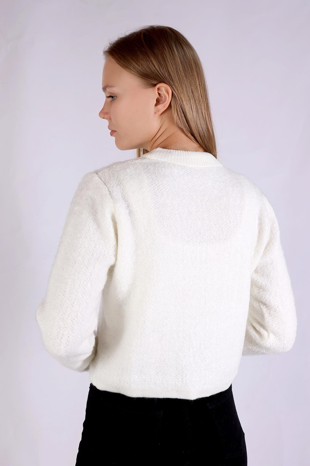 Ekru Bisiklet Yaka Kazak 23341 - 5